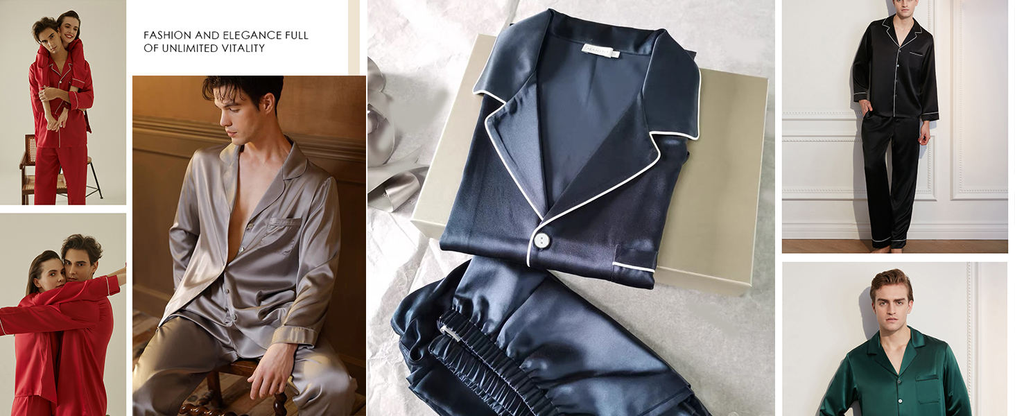 SWOMOG Mens Satin Pajamas Set Button-Down Classic Sleepwear