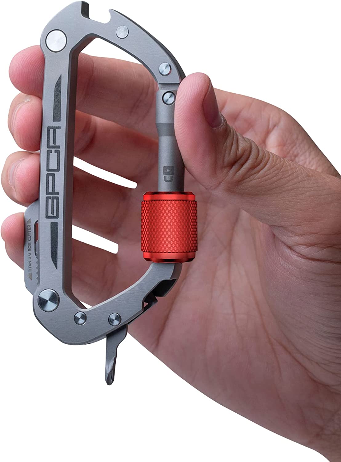 GPCA - Carabiner Keychain PRO, Heavy Duty Carabiner for Outdoor and Daily Use, Use as Camping, Hiking and Outdoor Gear, Handy Keychain Multitool and Backpack Accessory, Titanium with Red Ring