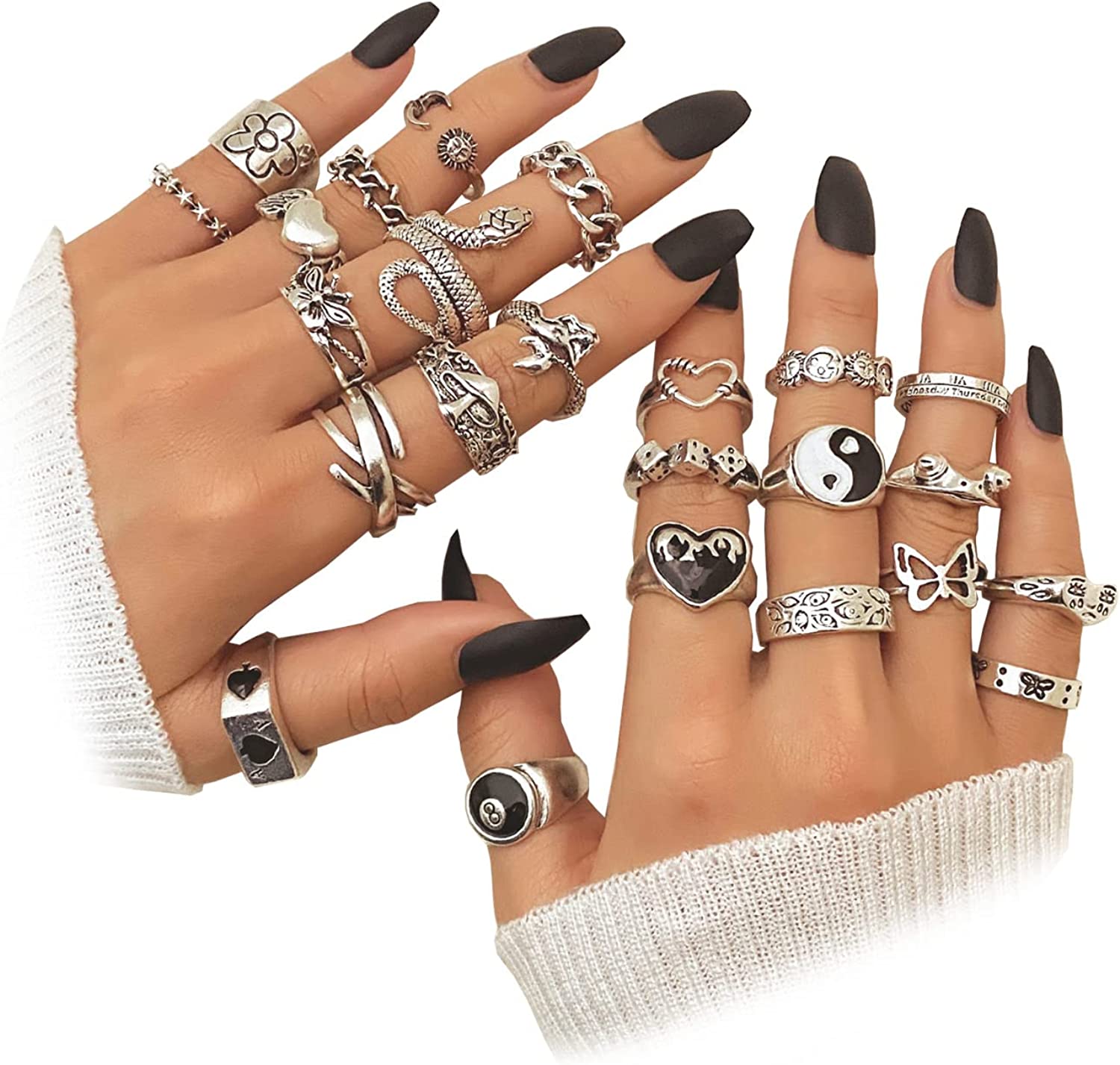 IFKM 15-63 PCS Vintage Silver Knuckle Rings Set for Women Teen Girl, Stackable Joint Finger Statement Rings Bohemian Retro Hollow Carved Midi Rings, Boho Y2k Snake Butterfly Heart Chunky Stacking Ring