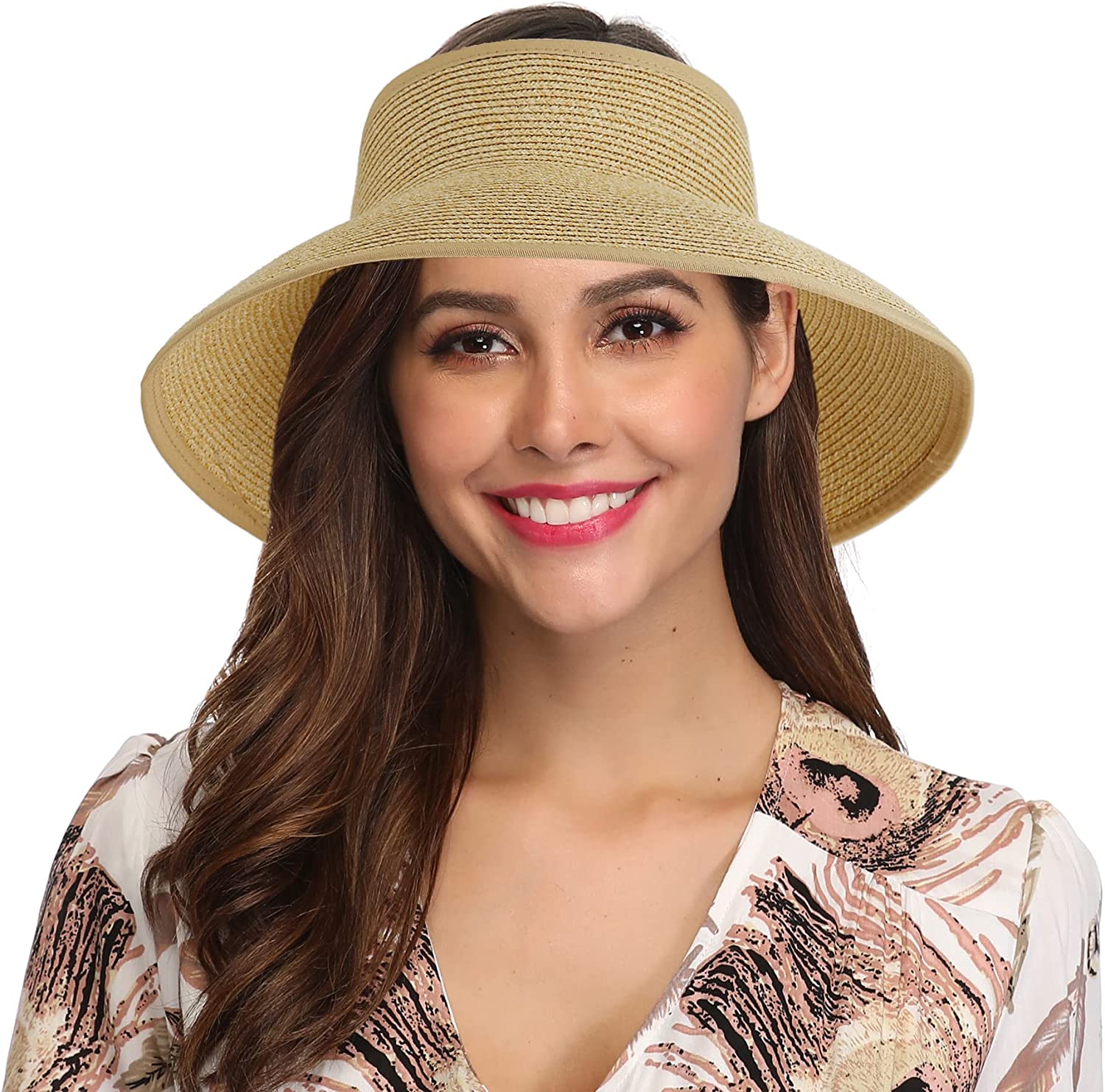 Lanzom Women Packable Hat Sun Visor Hats Wide Brim Straw Roll Up Ponytail Summer Beach Hat UPF 50