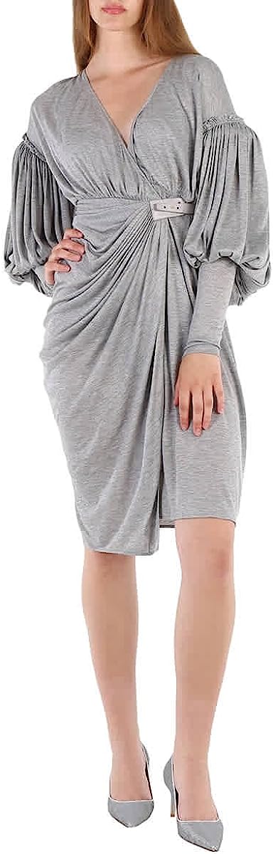 BURBERRY Ladies Pewter Melange Draped-Front Balloon-Sleeve Jersey Dress, Brand Size 6 (US Size 4)