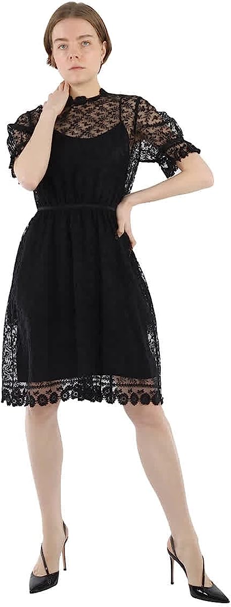 BURBERRY Ladies Black Floral Embroidered Tulle Lace Dress, Brand Size 6