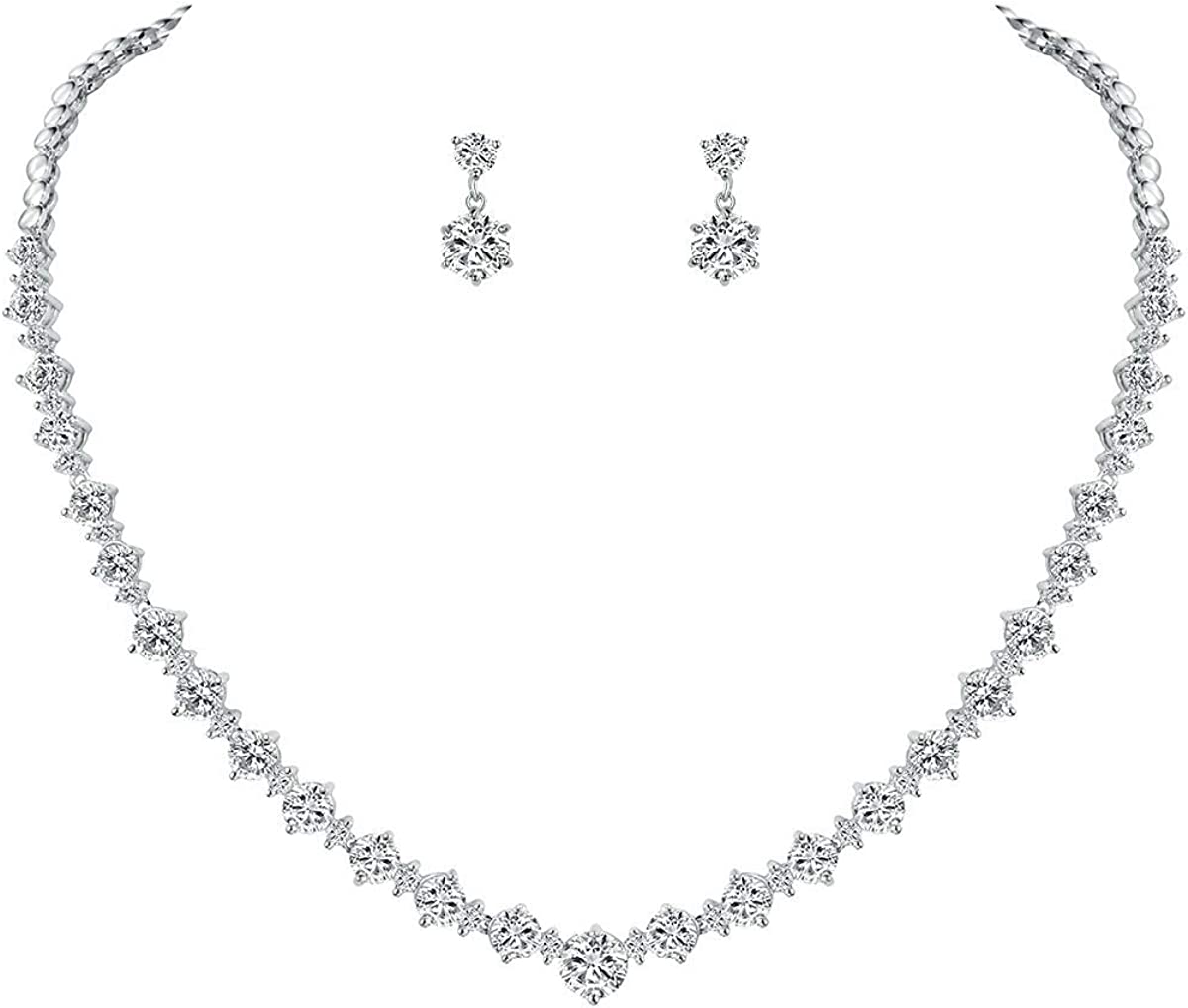 WeimanJewelry White Gold/Gold/Rose Gold Plated Women Cubic Zirconia Round Cut CZ Bridal Necklace and Drop Earring Set for Bride Wedding