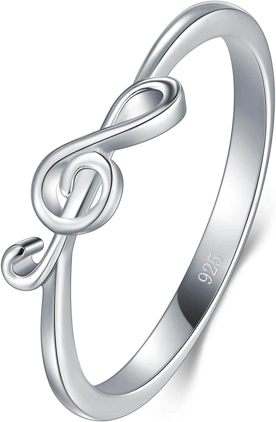 BORUO 925 Sterling Silver Ring - Stackable Music Note Band - Comfort Fit Silver Rings Women - Music Note Silver Band Ring - Fine Jewellery Stackable Ring, 2mm, Size 4-12