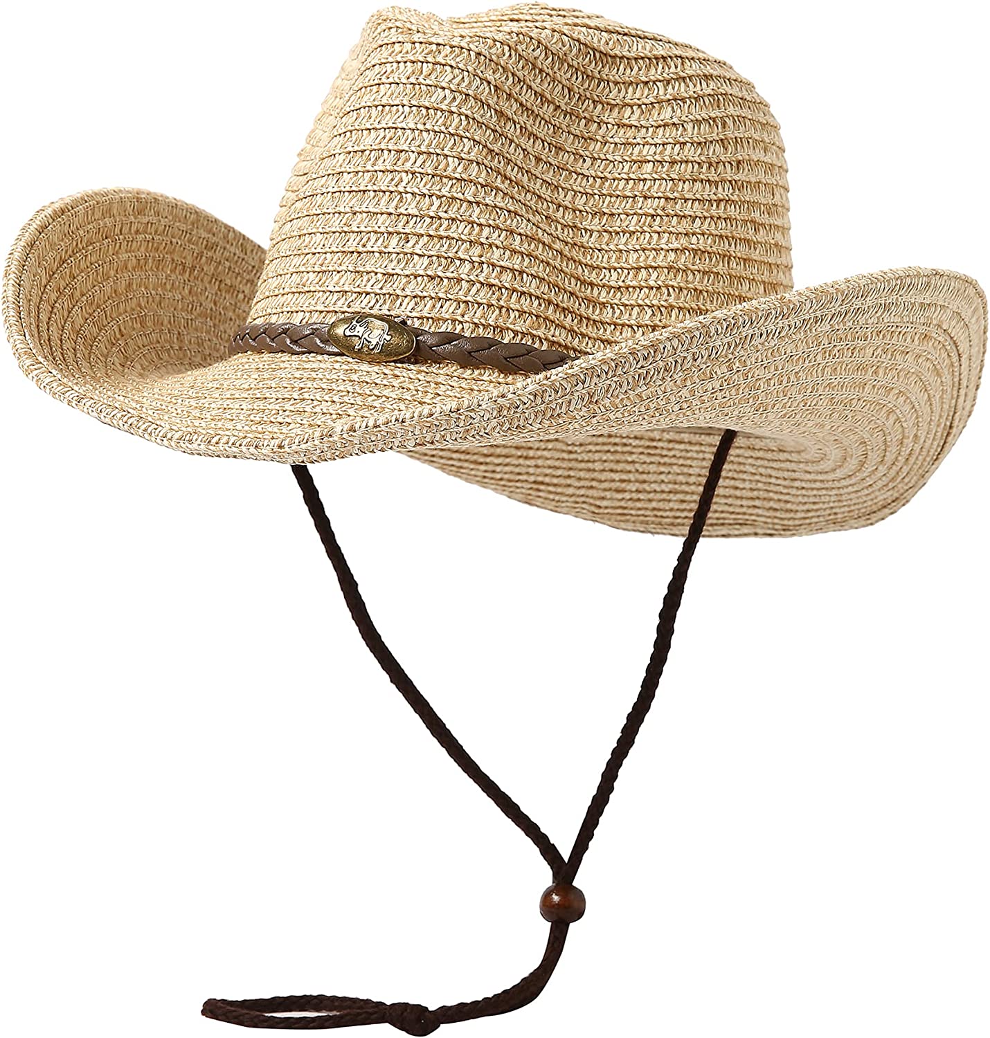 Lanzom Womens Straw Beach Sun Hat Packable Summer Cowboy Straw Hats with Wind Lanyard