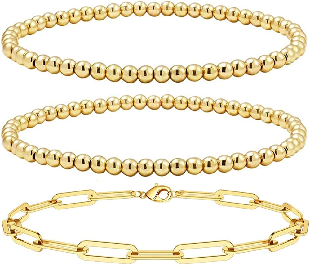 Reoxvo Gold Beaded Chain Bracelets Set for Women 14K Real Gold Plated Dainty Thin Gold Chain Link Bracelet Stack Adjustable Gold Bracelets Jewelry for Women Trendy