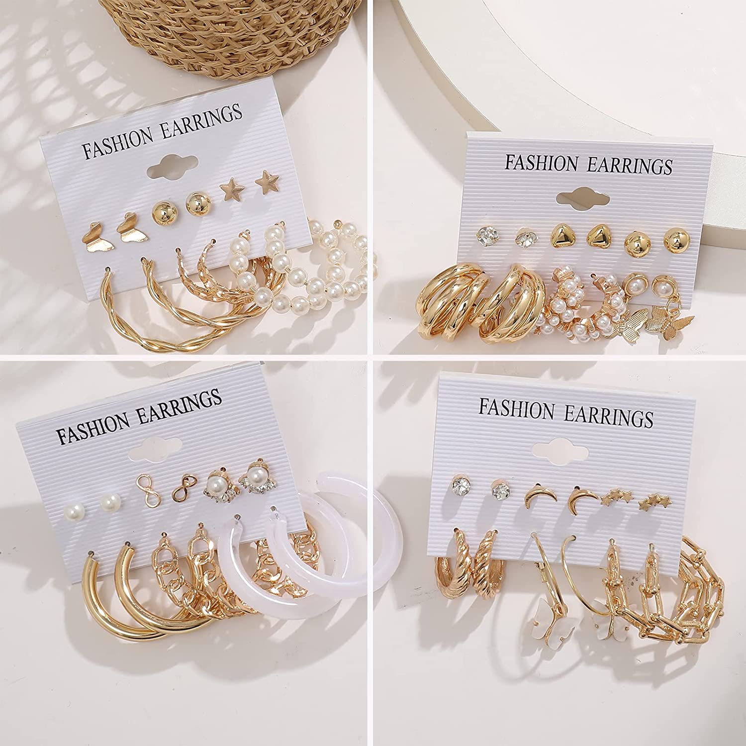54 Pairs Gold Hoop Earrings Set for Women Multipack， Boho Fashion Statement Stud Hoop Earrings Pack with Pearl Butterfly Shaped Assorted Small Big Hoop Earrings Jewelry for Gift