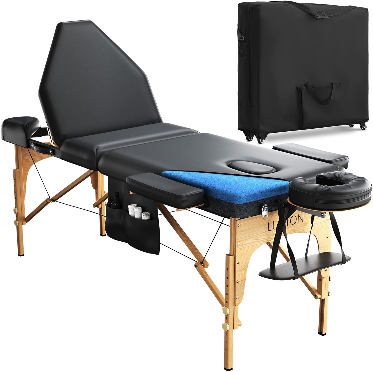 Luxton Home 3-Section Premium Memory Foam Massage Table with Rolling Carrying Travel Case - Easy Set Up - Foldable & Portable - Adjustable Height, Head Cradle, Hanging Arm Rest, & Side Storage Pocket