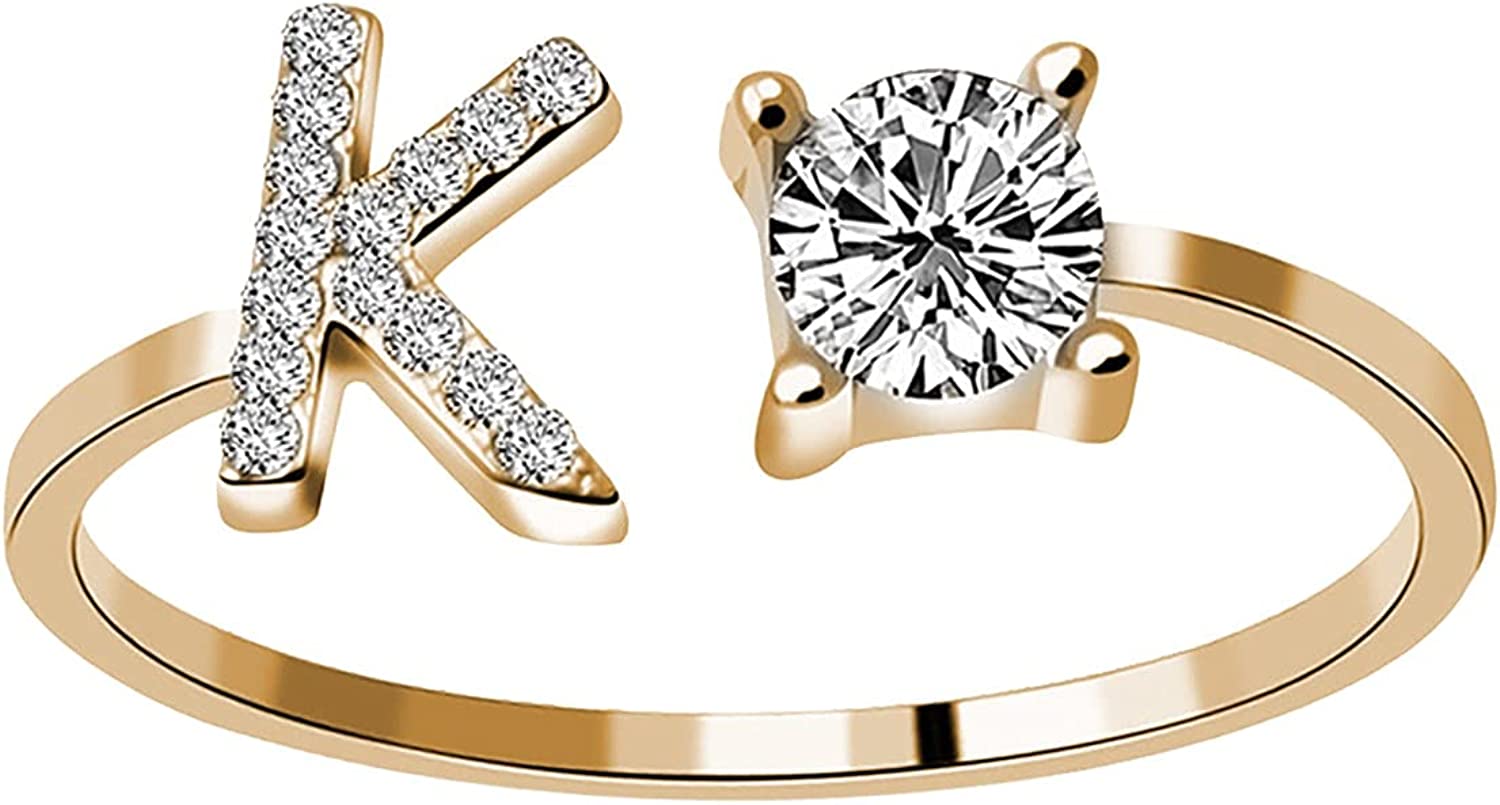 ManRiver 26 Letters Rings for Women - Diamond Rhinestone Studded Zirconia Open Adjustable Rings Jewelry Accessory Gifts