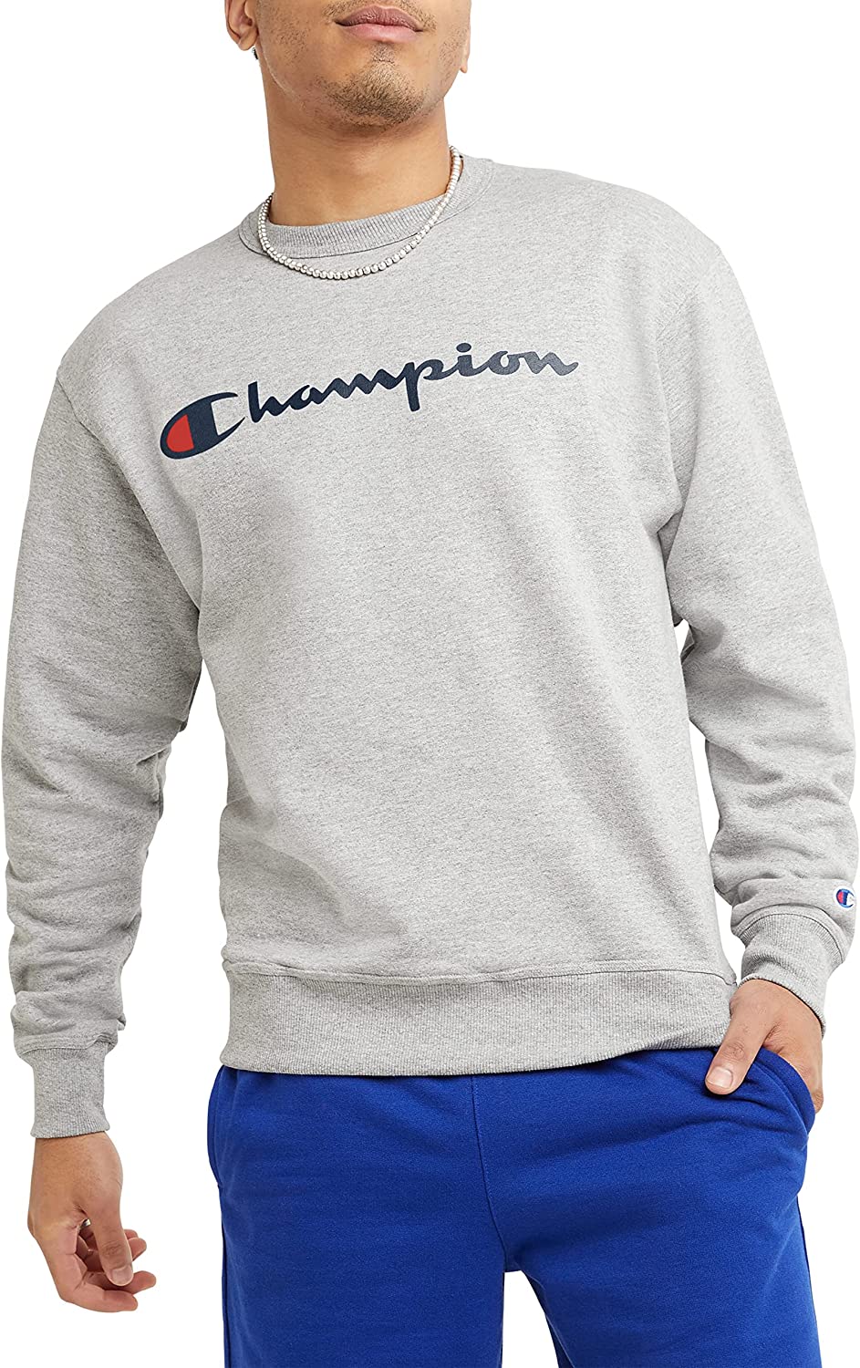 Champion Men's Powerblend Fleece Crew Sweatshirt for Men, Crewneck, Script (Reg. or Big & Tall)