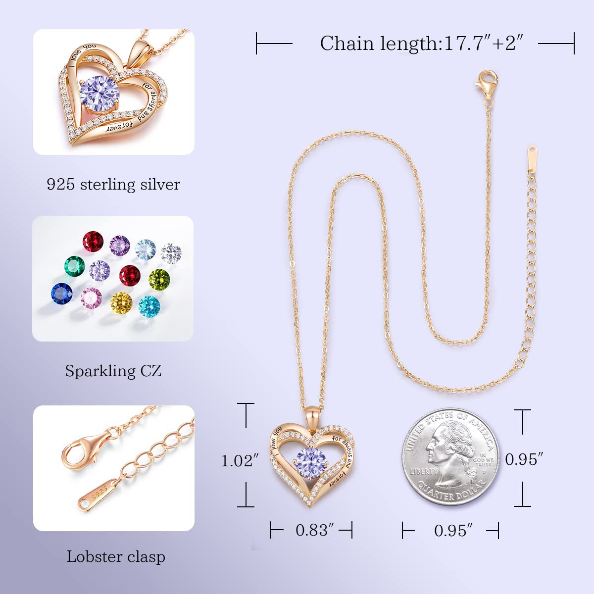 CDE Forever Love Heart Pendant Necklaces for Women 925 Sterling Silver with Birthstone Zirconia, Anniversary Birthday Gifts for Wife, Jewelry Gift for Women Mom Girlfriend Girls Her