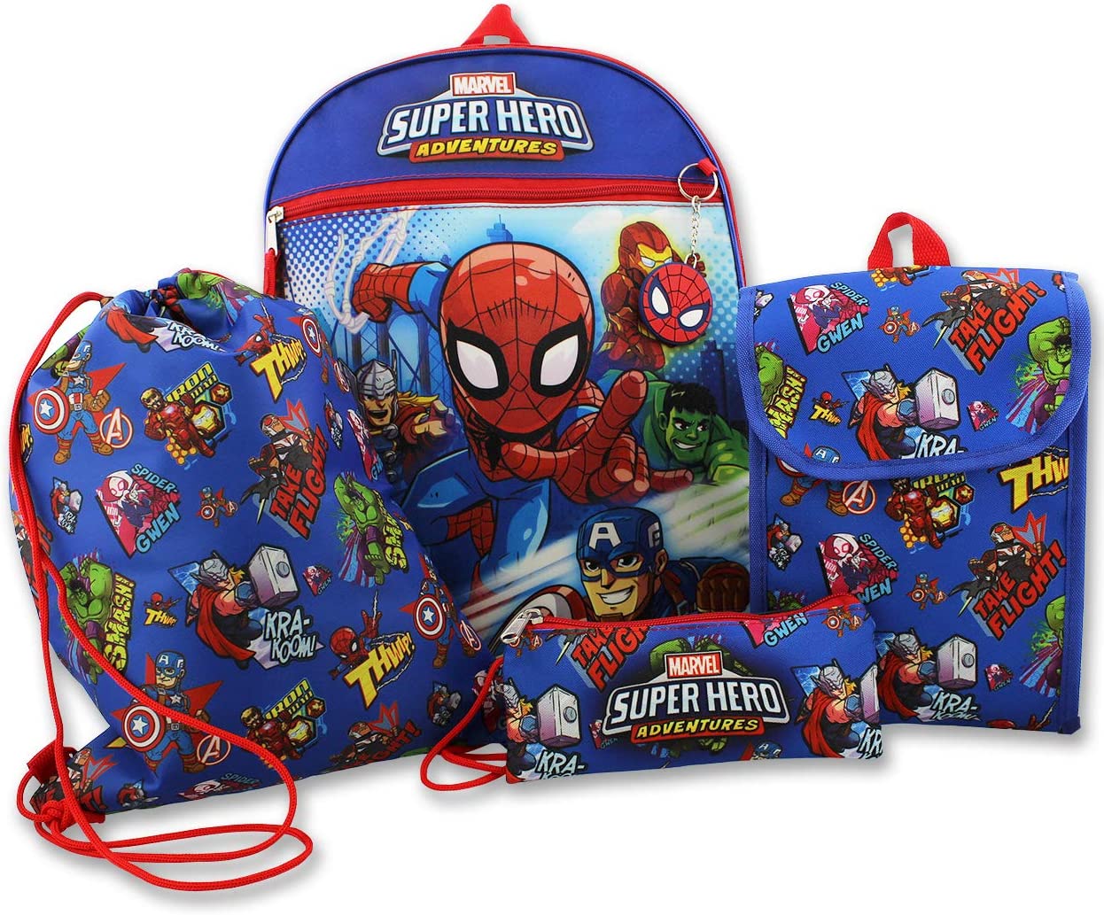 Super Hero Adventures Boys 5 piece Backpack and Snack Bag School Set (One Size, Blue/Red)