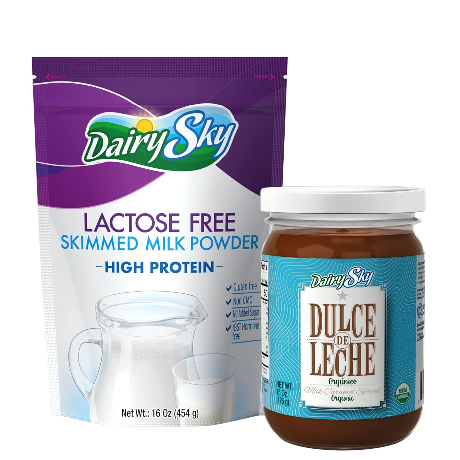 DairySky Lactose Free Milk Powder (16oz) & Organic Dulce de Leche 15oz | Lactose Free Nonfat Milk Kosher with Protein & Calcium | Caramel Sauce for Coffee, Ice Cream Toppings, Caramel Chocolate Spread