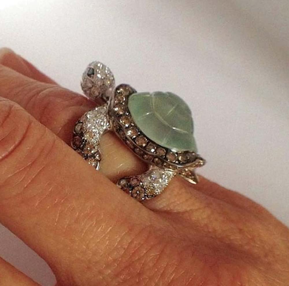 Awmnjtmgpw 925 Sterling Silver Ice Emerald Lovely Little Turtle Innovative Design Beach Wave Vacation Wave Ring Women's Precious Jewelry Size 5-11