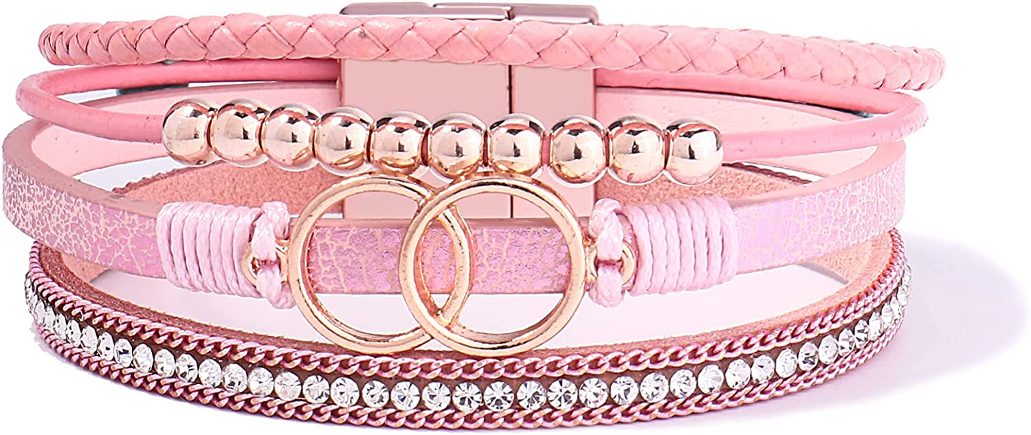 FANCY SHINY Boho Wrap Bracelets Leather Cuff Bangle Gold Beaded Bracelets for Women Stackable Infinity Bracelets Jewelry with Clasp