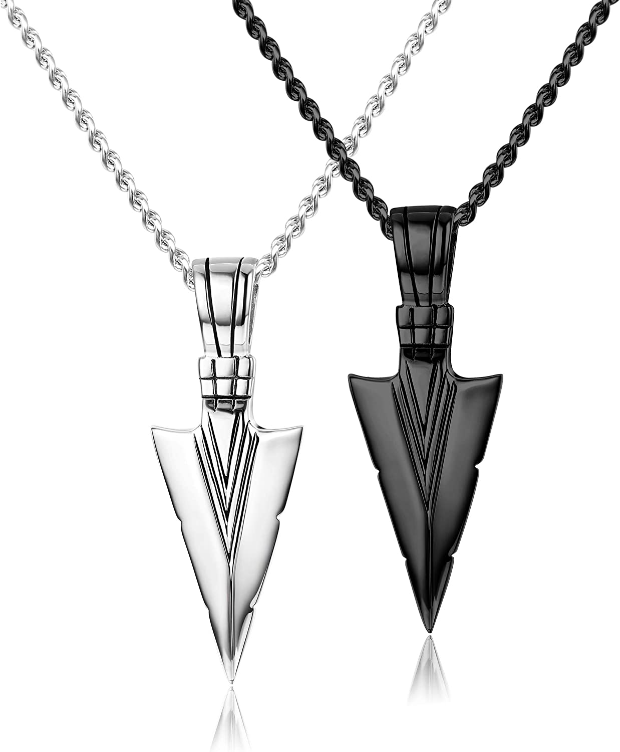 Jstyle Stainless Steel Pendant Necklace For Mens Cool Spearpoint Arrowhead Pendant Chain Necklace Set Black & Silver Tone