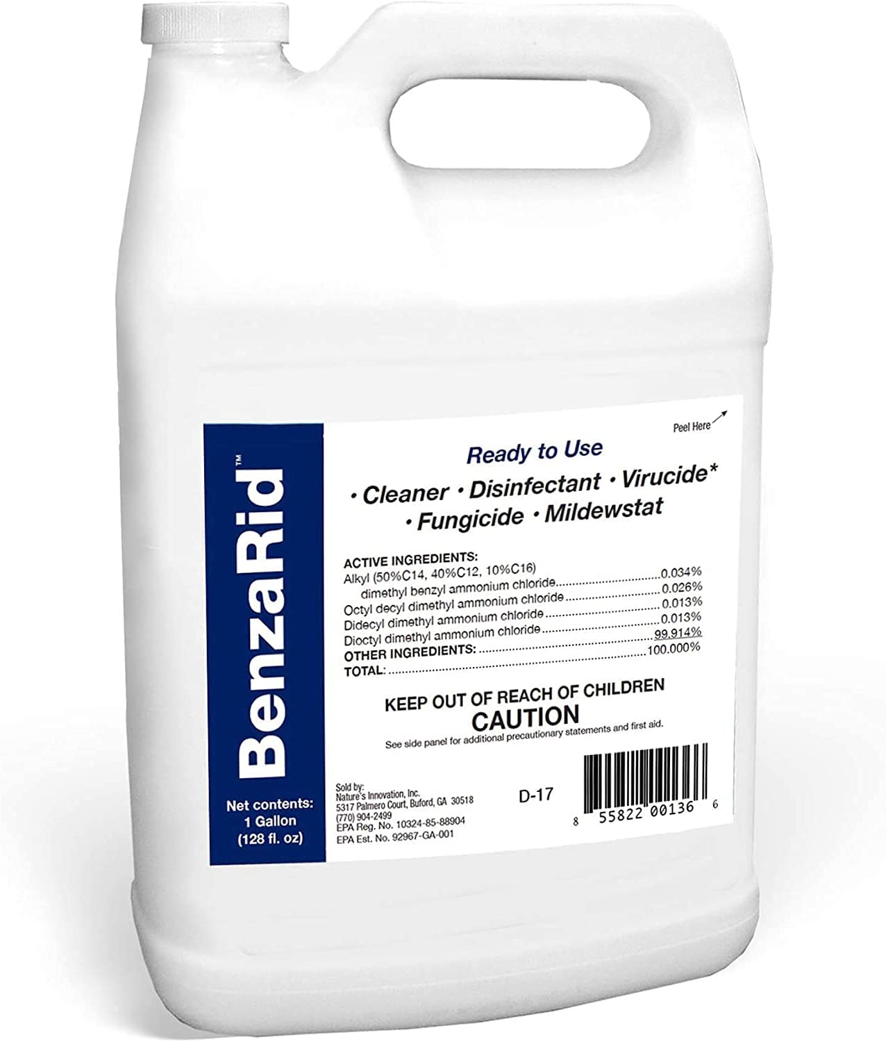 BenzaRid Hospital Grade Disinfectant (1 Gallon) | Professional Sanitizer & Virucide, Eradicates MRSA, H1N1, H5N1 Viruses, Avian Flu, Staph, Blood Borne Pathogens | Black Mold Remover
