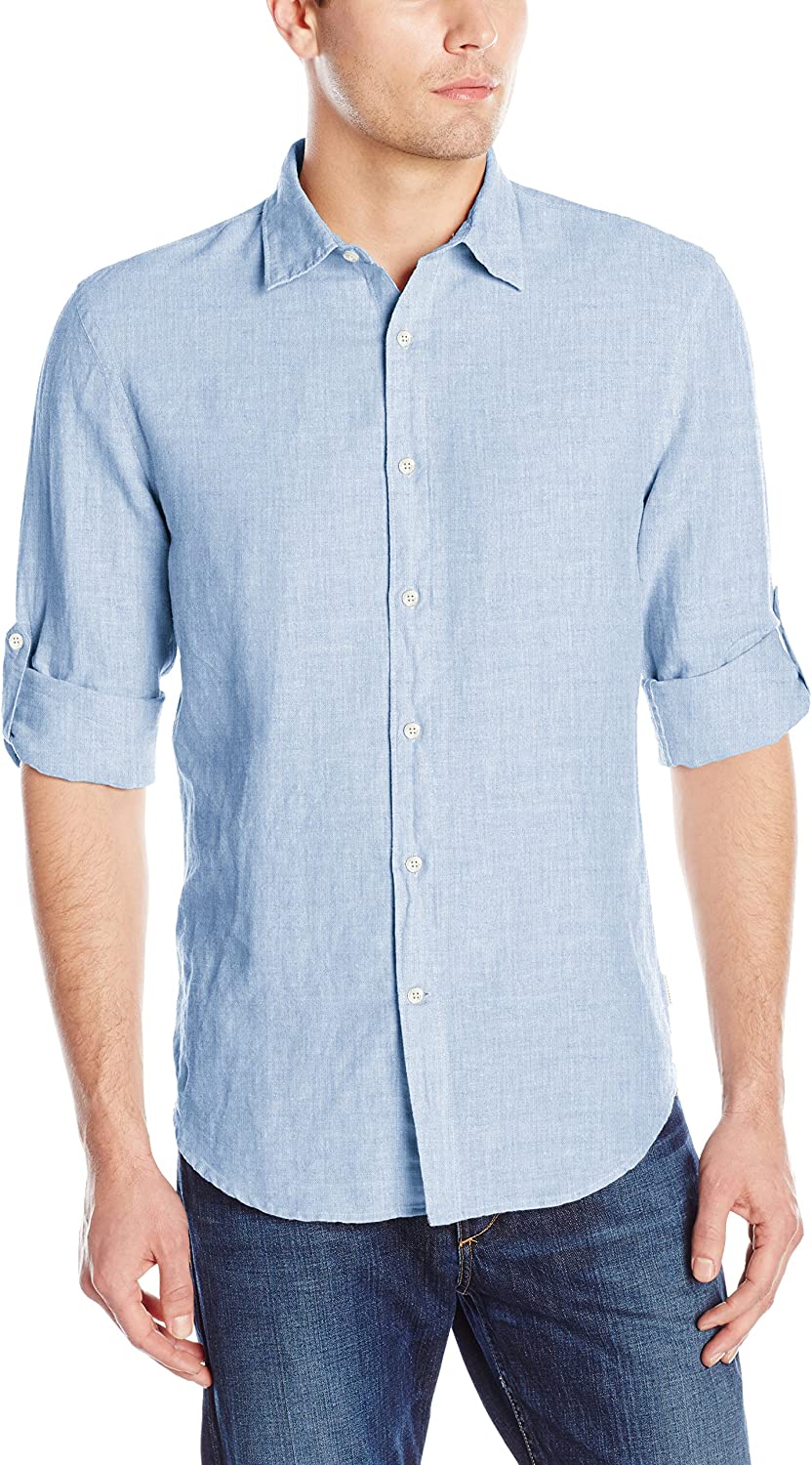 Perry Ellis Men's Roll Sleeve Solid Linen Cotton Button-Down Shirt (Size Small-Xx-Large)