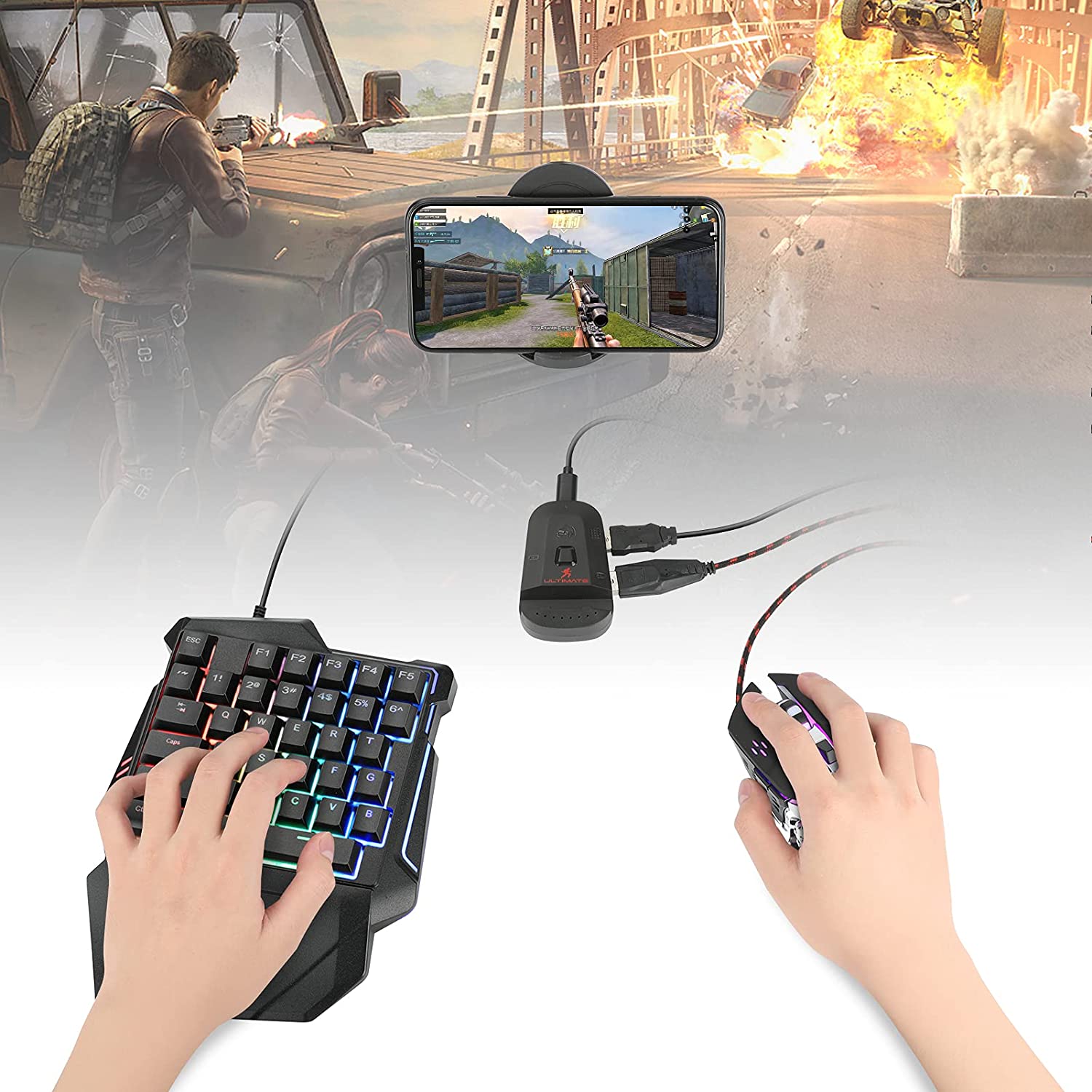 Half Hand Gaming Keyboard and Mouse Combo, Laelr 35 Keys PUBG Keycap Version Wired Mechanical RGB LED Backlit Half Keyboard, Support Wrist Rest, USB Wired Gaming Mouse, Converter Adapter for Gaming