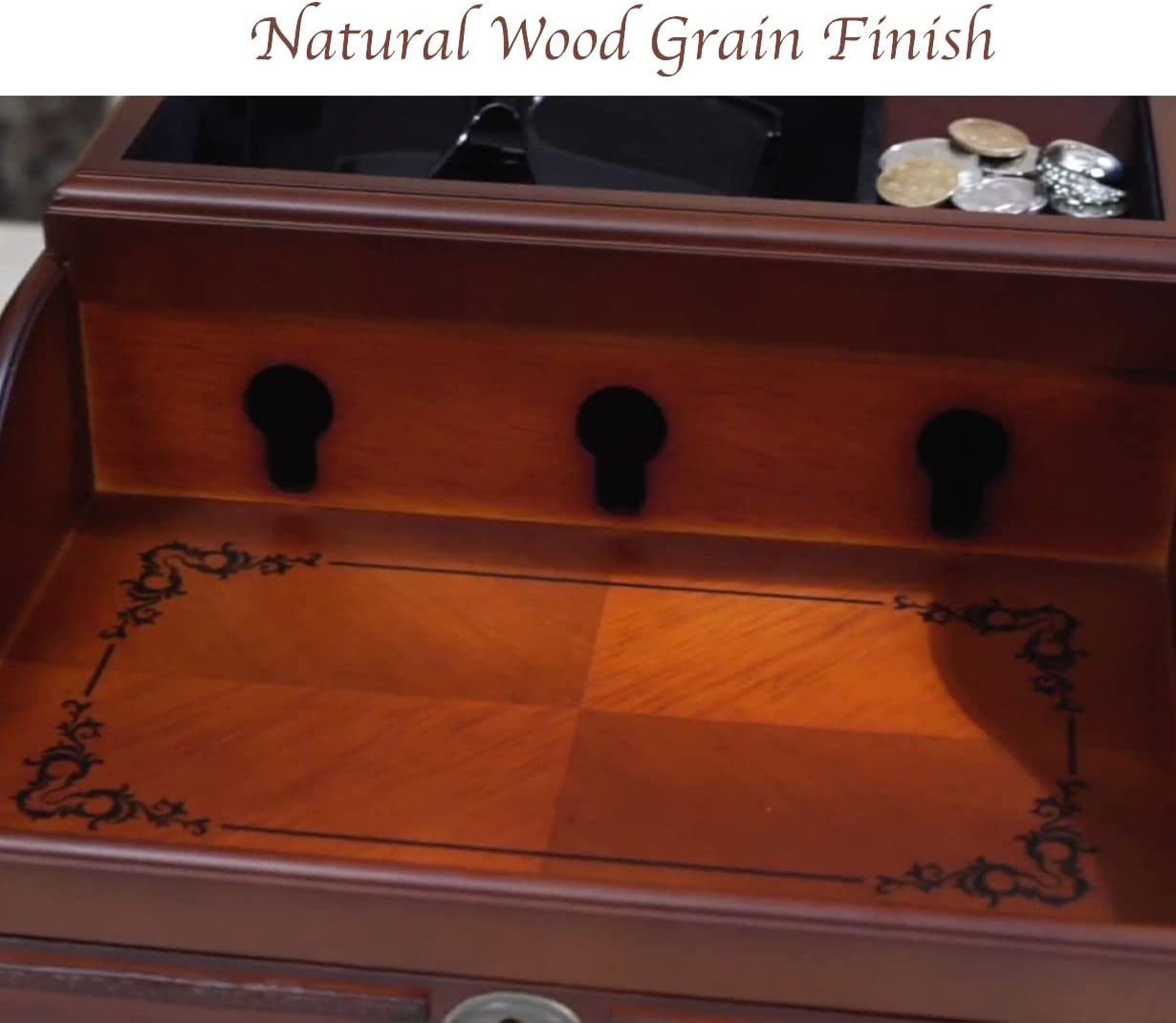 Arolly Wood Finish Valet Charging Station Multi Device Cord Organizer with Pull Out Drawer Compatible with iPhone， Samsung， and other Smartphones， Can Store Watches， Jewelry and more