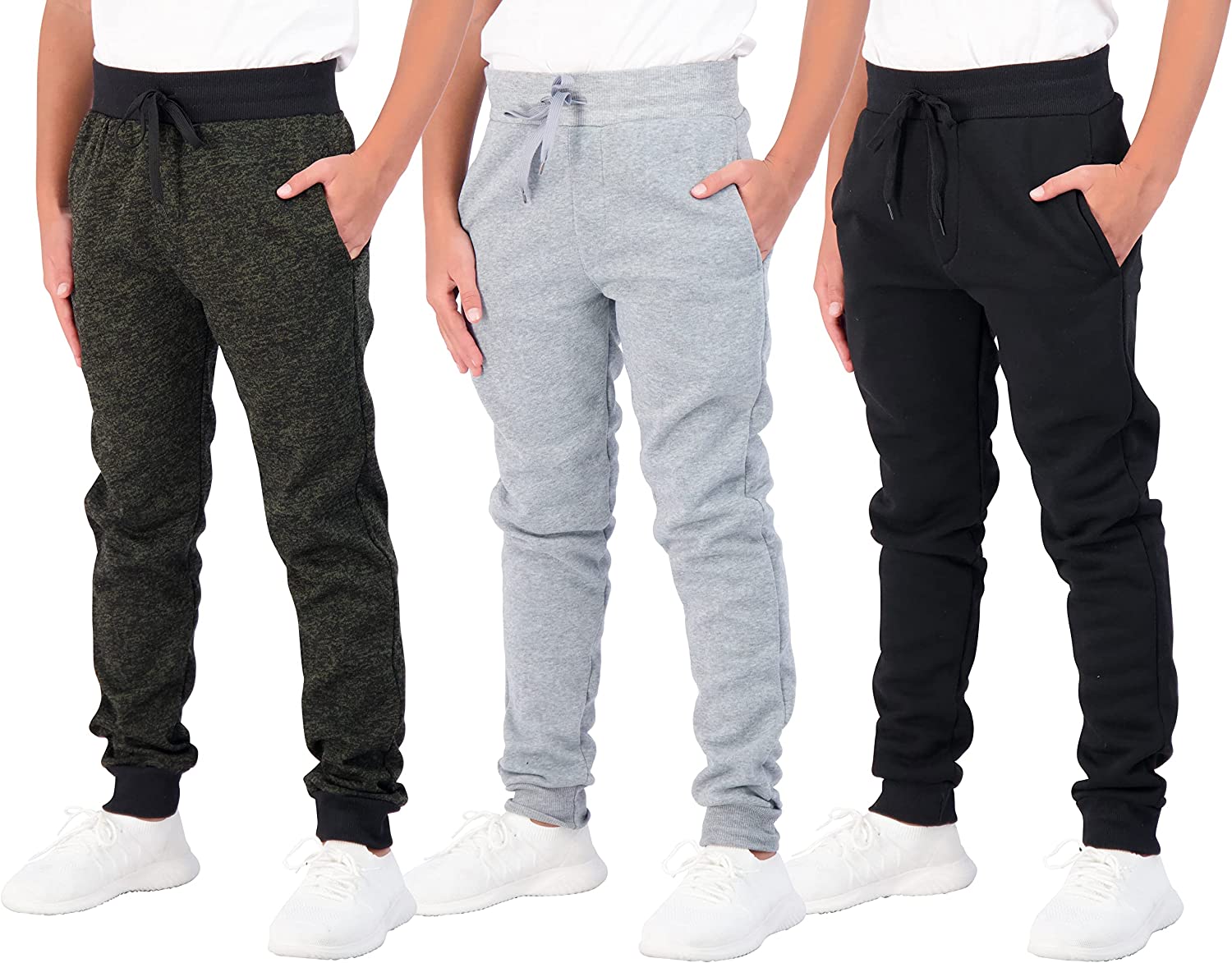 Real Essentials 3 Pack: Boys Youth Active Athletic Soft Fleece Jogger Sweatpants