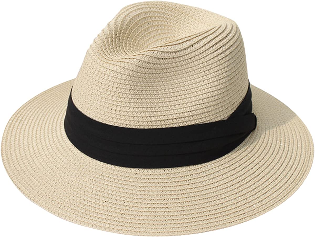 Lanzom Women Wide Brim Straw Panama Roll up Hat Fedora Beach Sun Hat UPF50+