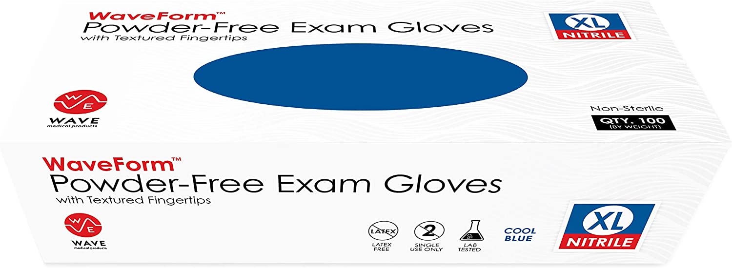 Waveform Nitrile Gloves with Textured Fingertips Box of 100 - Latex Free and Powder Free 4 mil Disposable Exam Gloves