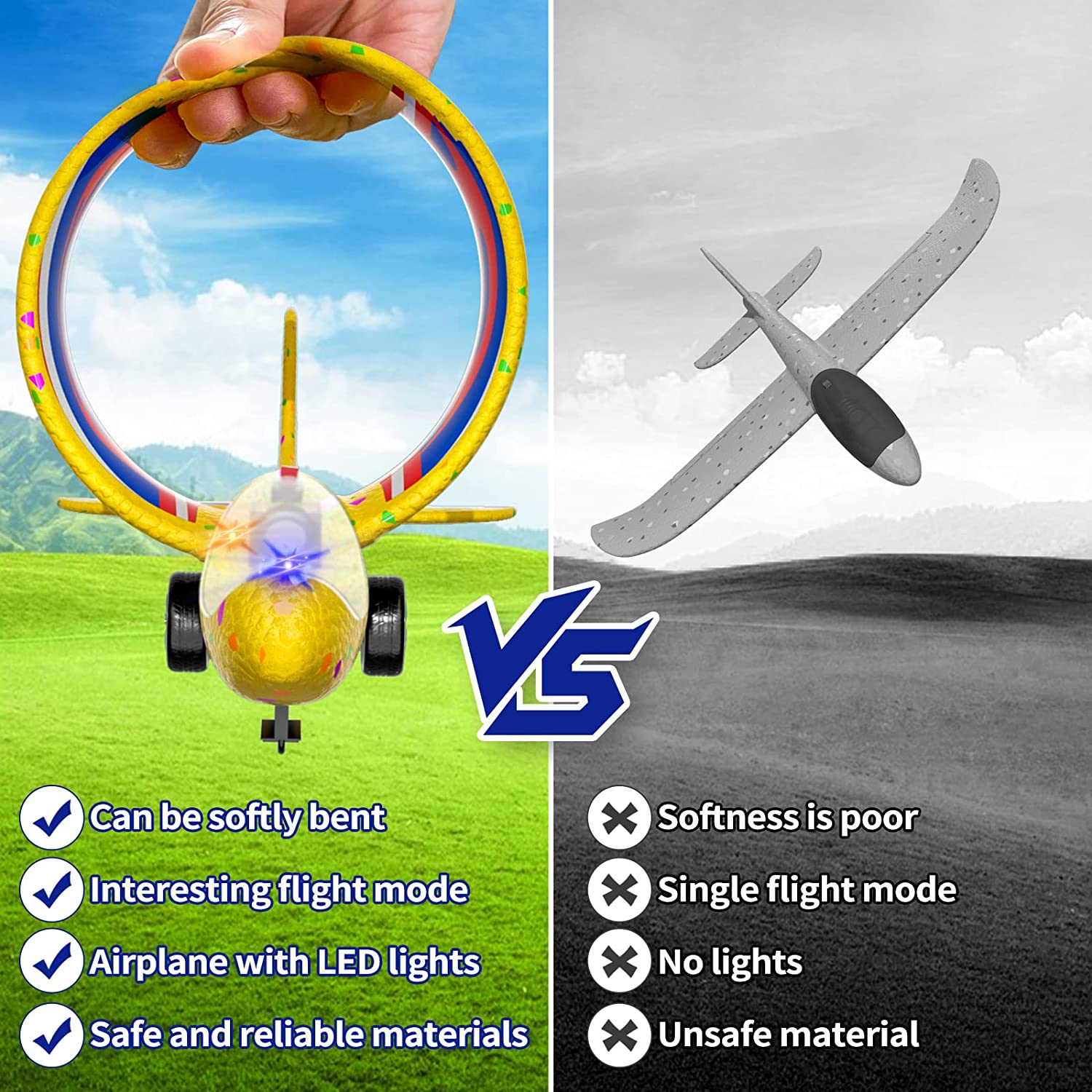 Doloowee 3 Pack Airplane Launcher Toys, 12.6 Inch LED Foam Glider Airplane Catapult, 2 Flight Modes, Outdoor Sports Flying Toys 4 5 6 7 8 9 10 11 12 Years Old Boys Girls Birthday Gifts（Blue）