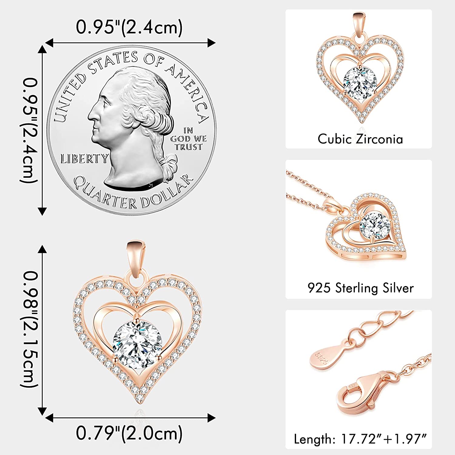 capirosa Forever Love Heart Birthstone Necklaces for Women 925 Sterling Silver Rose Gold Pendant Diamond Jewelry Valentine's Day Christmas Anniversary Birthday Gifts for Wife Girlfriend Mother