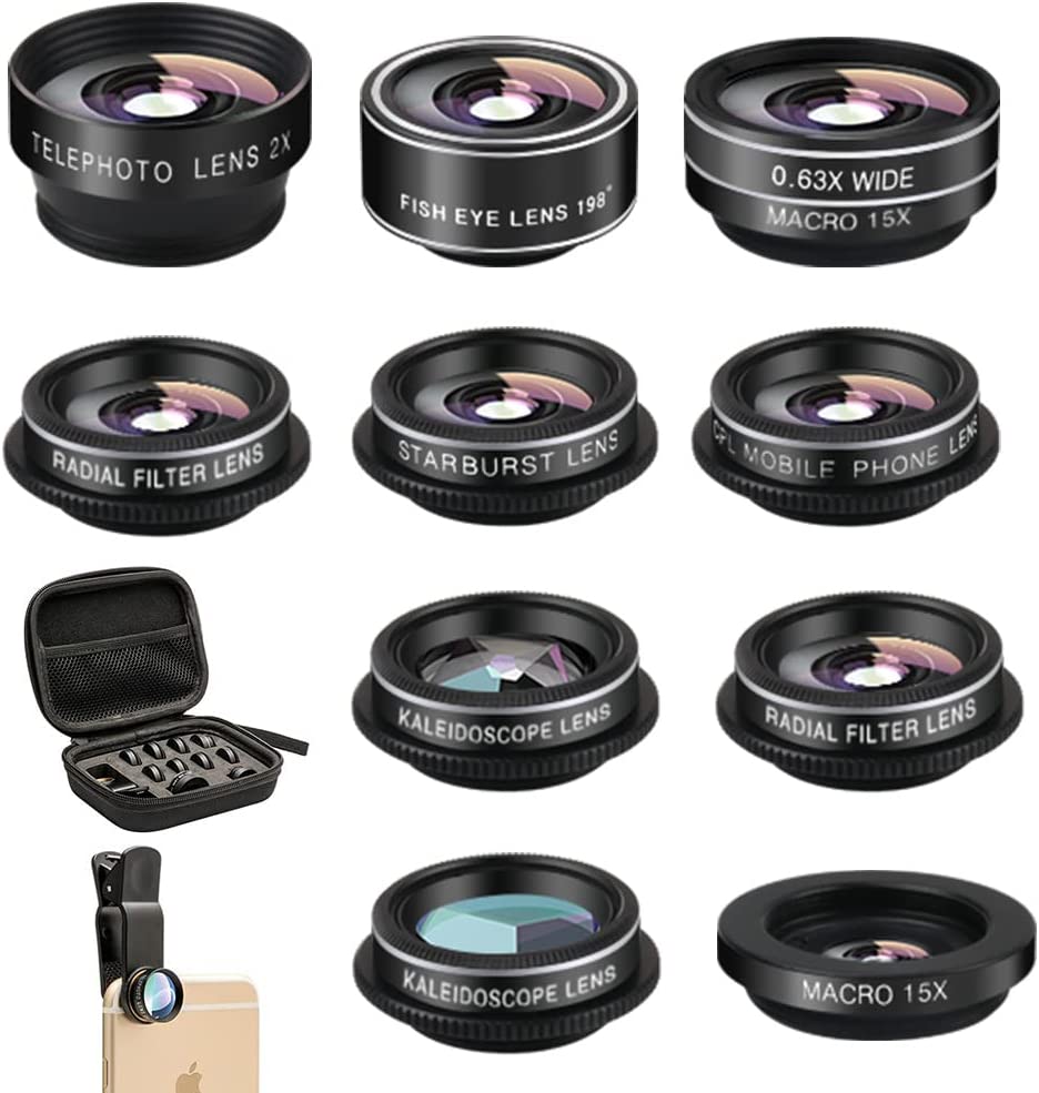 Mocalaca Phone Camera Lens (11 Lenses) Phone Lens Kit， Clip on Fisheye/Macro/Wide Angle Lens Attachment with Travel Case for iPhone 14 13 12 11 Xs X Pro Max Samsung Android Smartphone