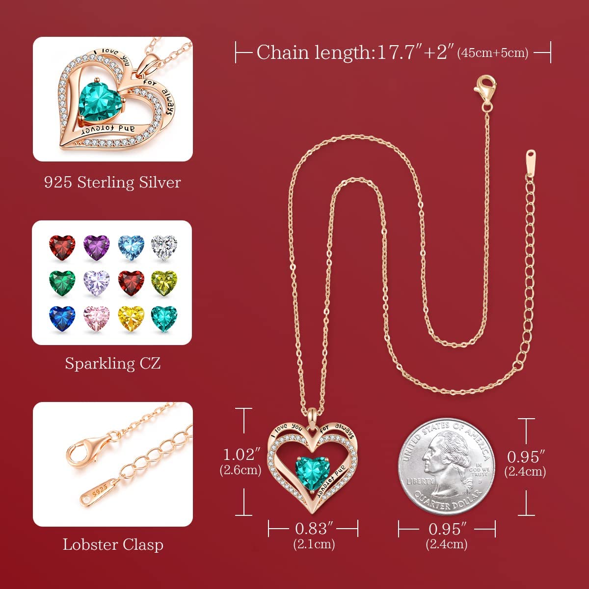 CDE Birthstone Necklaces for Women Girls， 925 Sterling Silver Forever Love Heart Pendant Necklace with Cubic Zirconia， Christmas Birthday Anniversary Valentine&#39;s Day Jewelry Gift for Wife Mother G