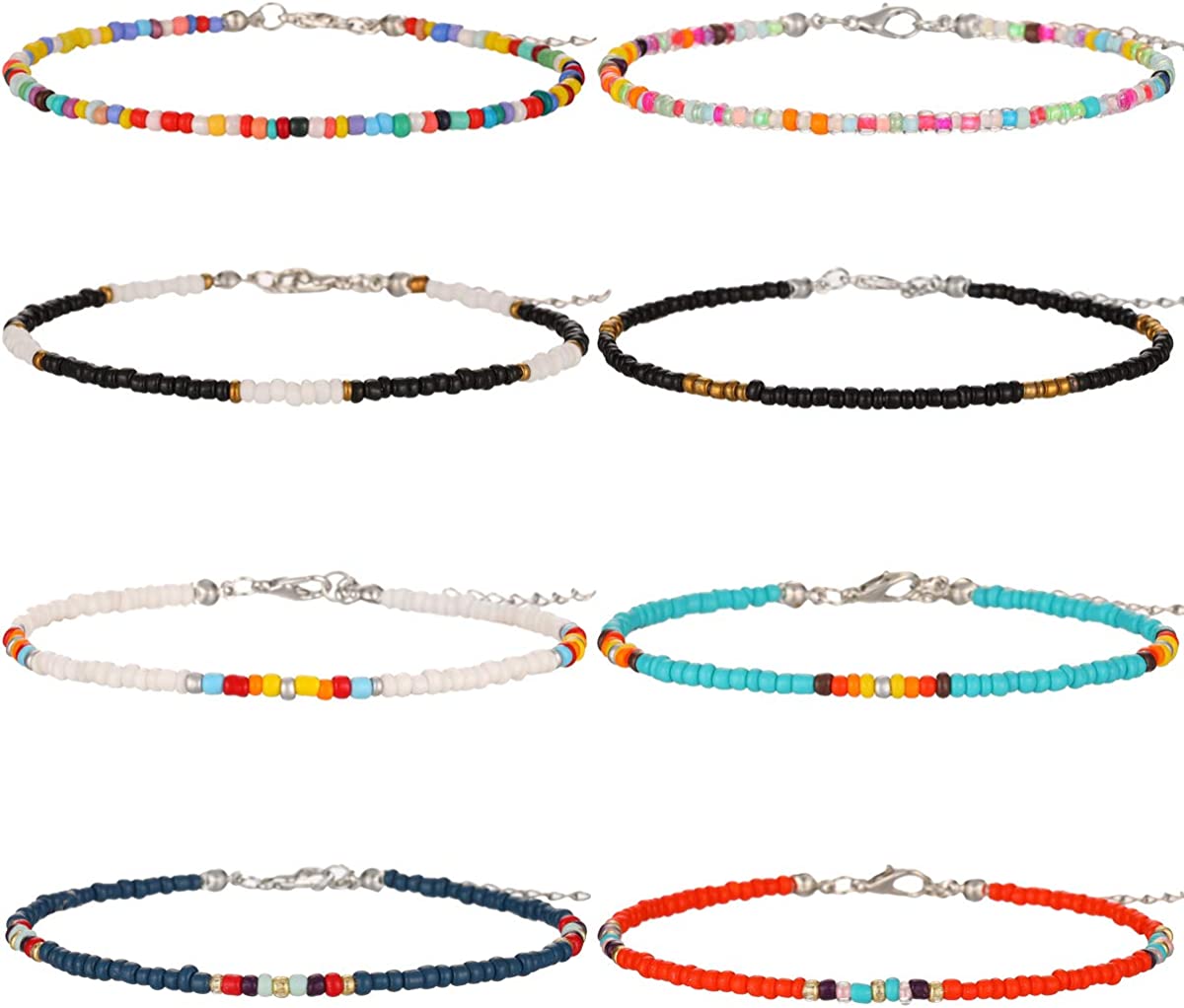 XIJIN 8Pcs Handmade Beaded Anklets for Women Girls Boho Colorful Beads Ankle Bracelets Adjustable Foot Anklet Set