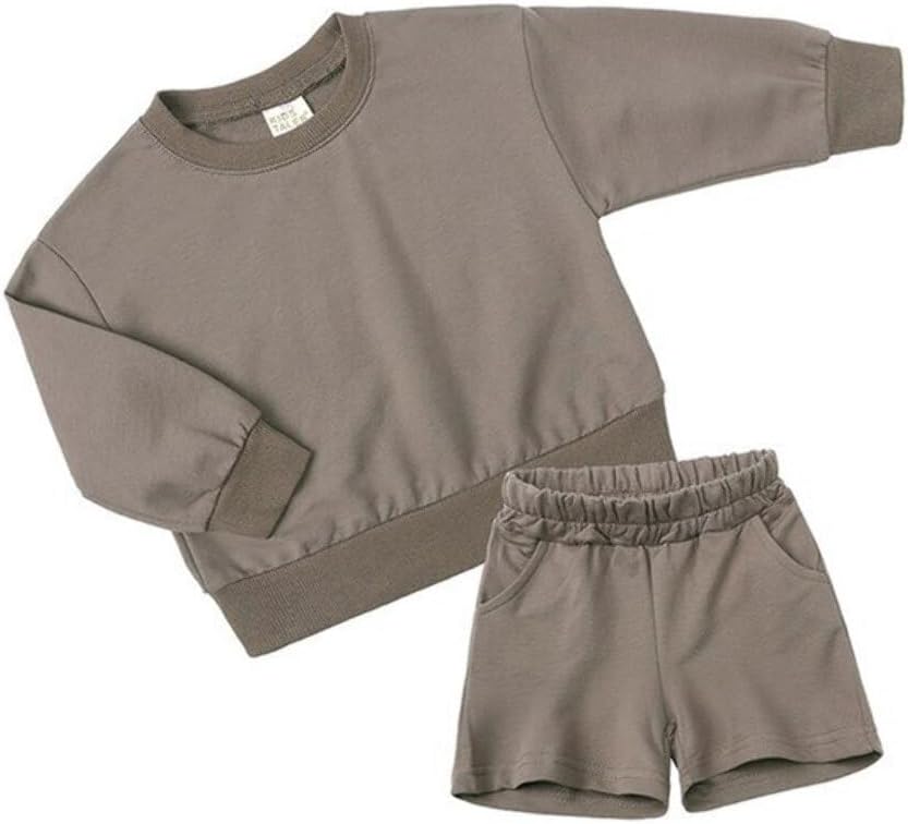 QueenLine 10Sets Bulk Items Wholesale Children Sets Long Sleeves Pullover Tops Hoodie + Shorts Two Piece Sets Casual Solid Tracksuits Khaki 160cm