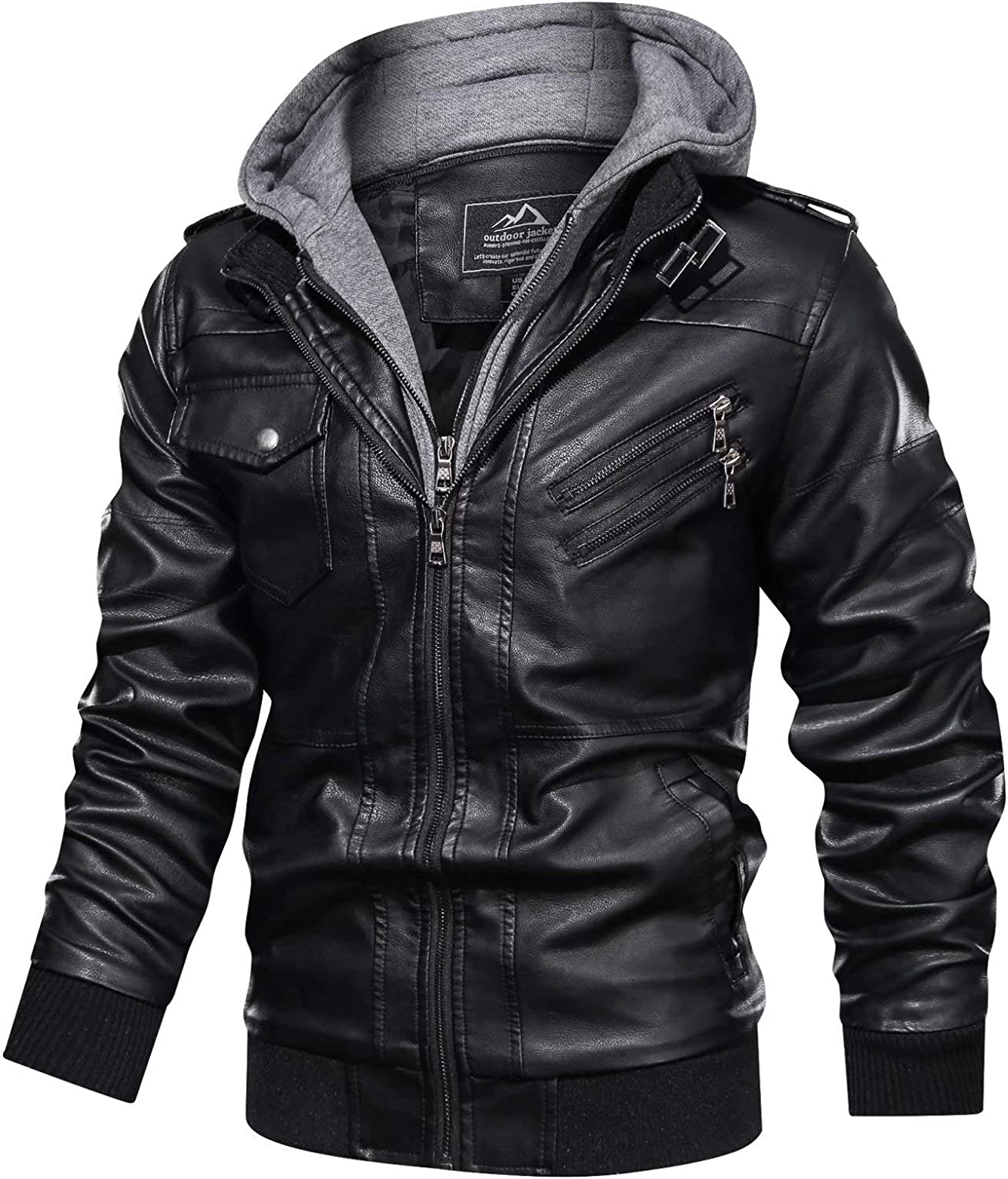 MAGCOMSEN Men's Stand Collar PU Faux Leather Jacket 6 Pockets Motorcycle Bomber Jacket with a Removable Hood