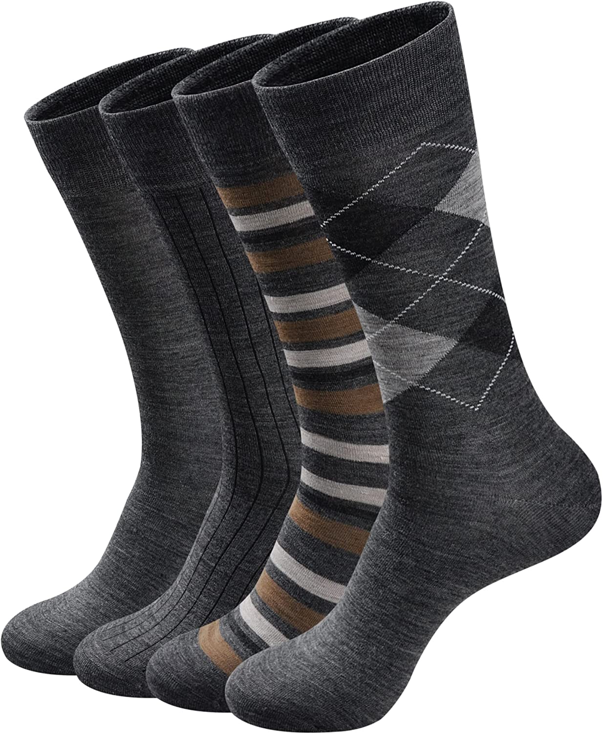 GKX Men's 4 Pairs Assorted Wool Dress Socks, Calf Length Soft Odorless, Size 6-12