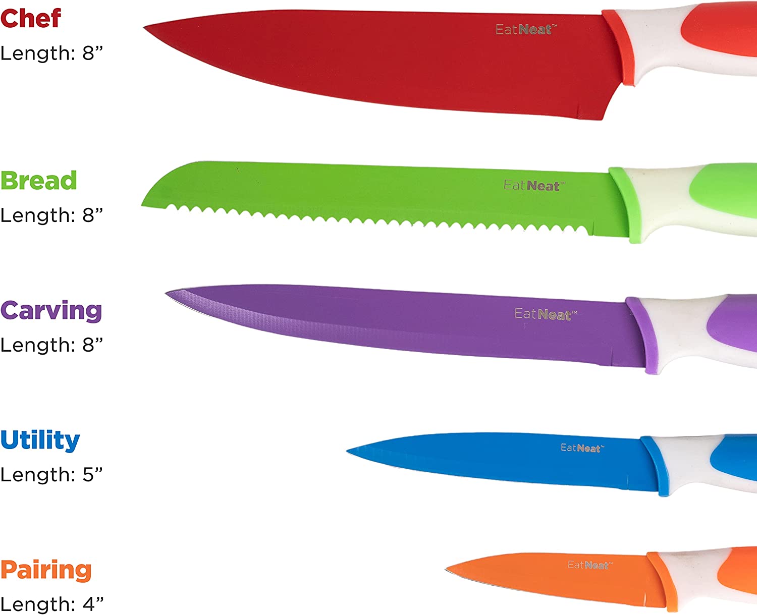 EATNEAT 12-Piece Colorful Kitchen Knife Set - 5 Colored Stainless Steel Knives with Sheaths, Cutting Board, and a Sharpener - Razor Sharp Cutting Tools that are Kitchen Essentials for New Home
