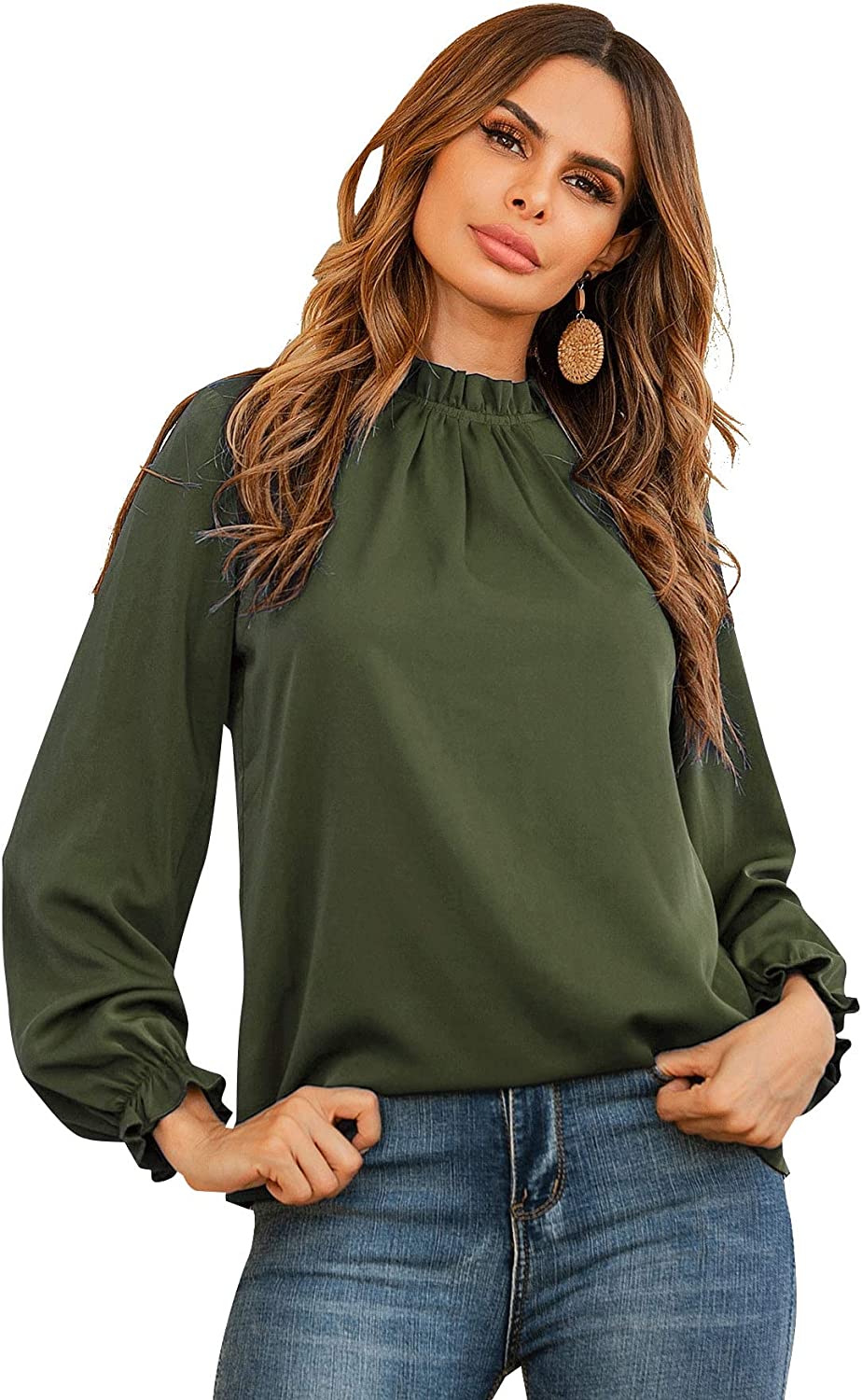 LYANER Women's Frill Mock Neck Flounce Long Sleeve Solid Blouse Office Shirt Top