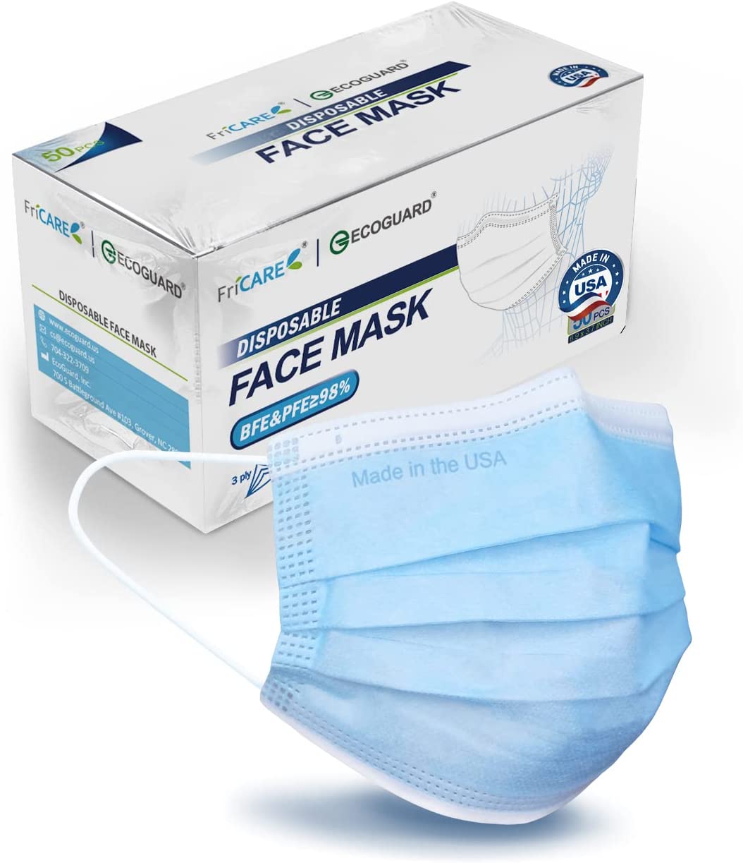 FriCARE Made in USA ECOGUARD Adult ASTM Level 3 Disposable Face Masks, 3 Ply Protection Breathable 50 Pack Elastic Earloop
