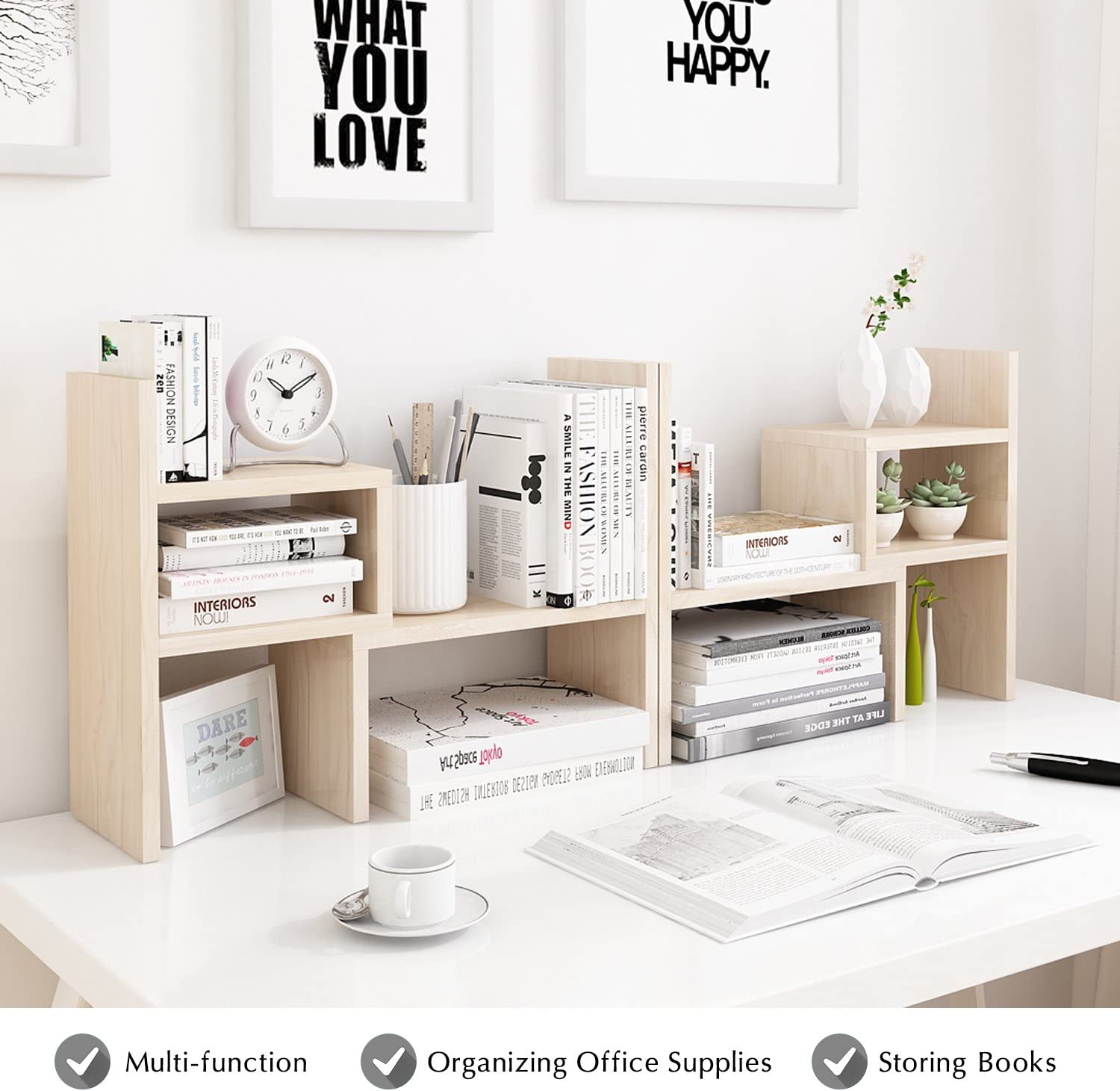 Jerry & Maggie - Desktop Organizer Office Storage Rack Adjustable Wood Display Shelf | Birthday Gifts - Toy - Home Decor | - Free Style Rotation Display - True Natural Stand Shelf White Wood Tone