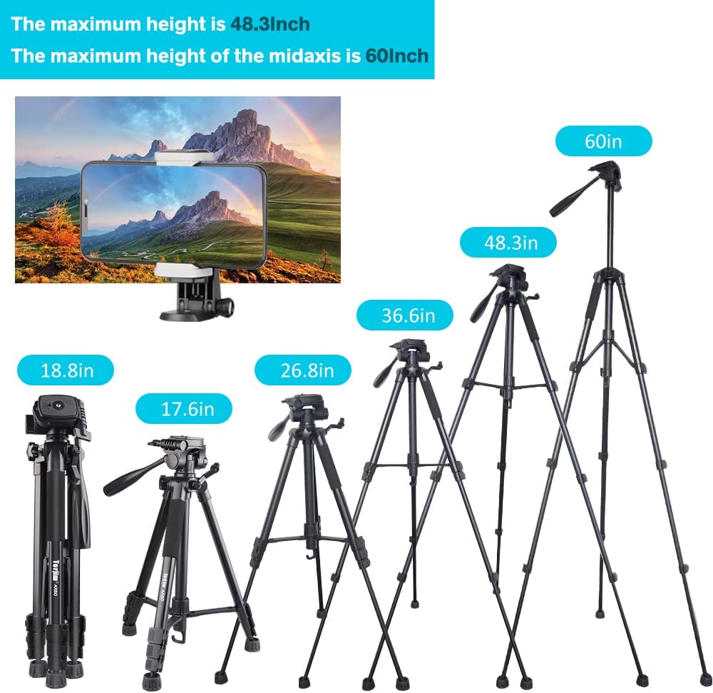 Torjim 60” Camera Tripod with Carry Bag， Lightweight Travel Aluminum Professional Tripod Stand (5kg/11lb Load) with Wireless Remote for DSLR SLR Cameras Compatible with Phone-Black