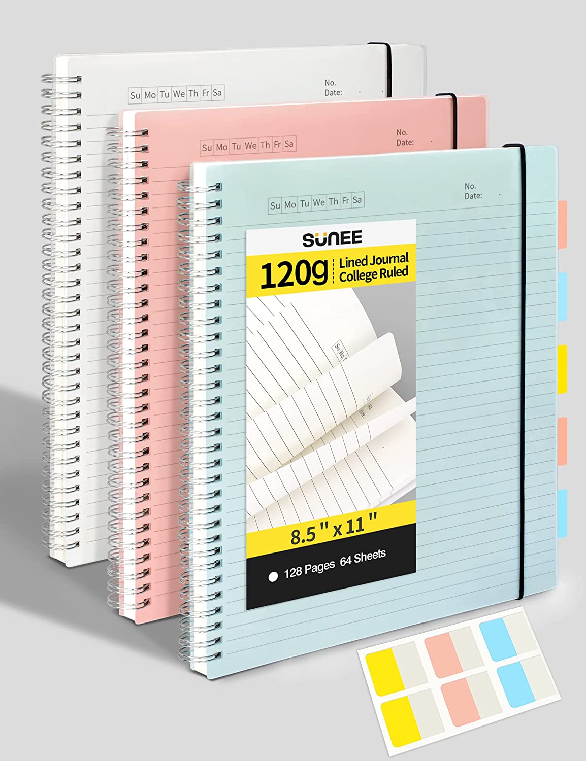 SUNEE 3 Pack Spiral Notebook - Large Lined Journal Notebook, 8.5" x 11", 120gsm Thick Paper, College Ruled, Giftable Journal for Study and Notes 64 Sheets, Blue, Pink, Transparent