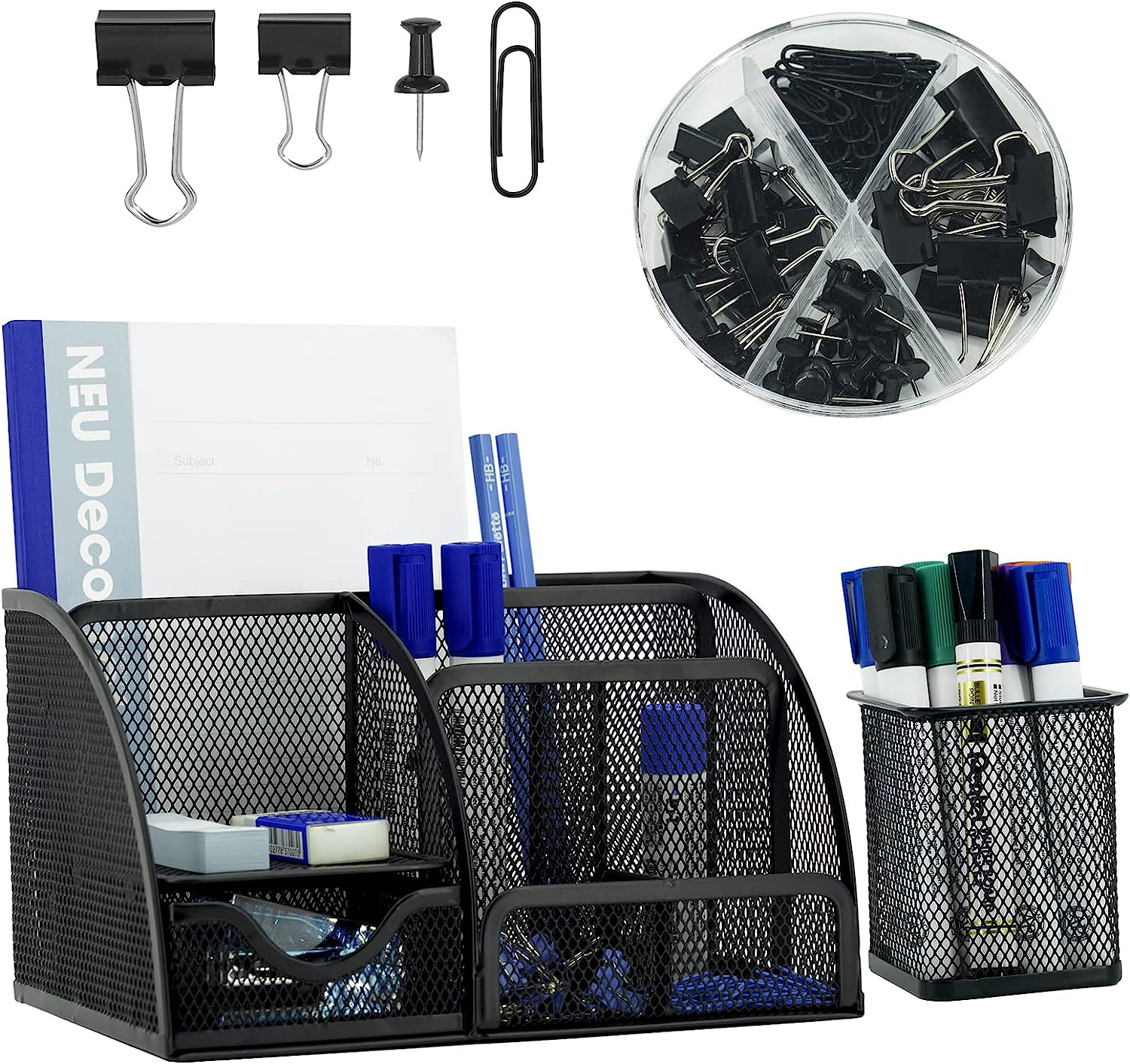 Neudeco Desk Organizers and Accessories, Office Supplies Mesh Desk Organizer Caddy with Drawer 6 Compartments + Pen Holder / 72 Paper Clips Binder Clips Set, Black Desktop Organizer for Home Office