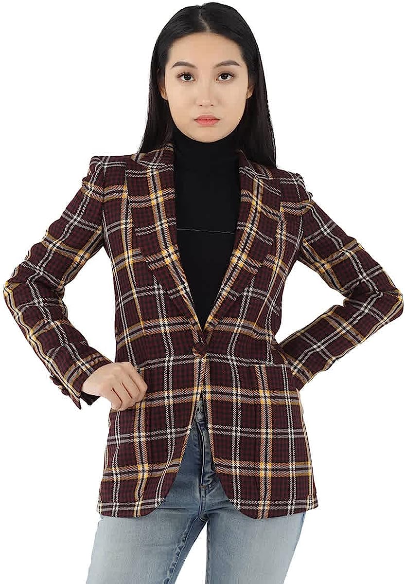 BURBERRY Ladies Burgundy Check Wool Twill Blazer