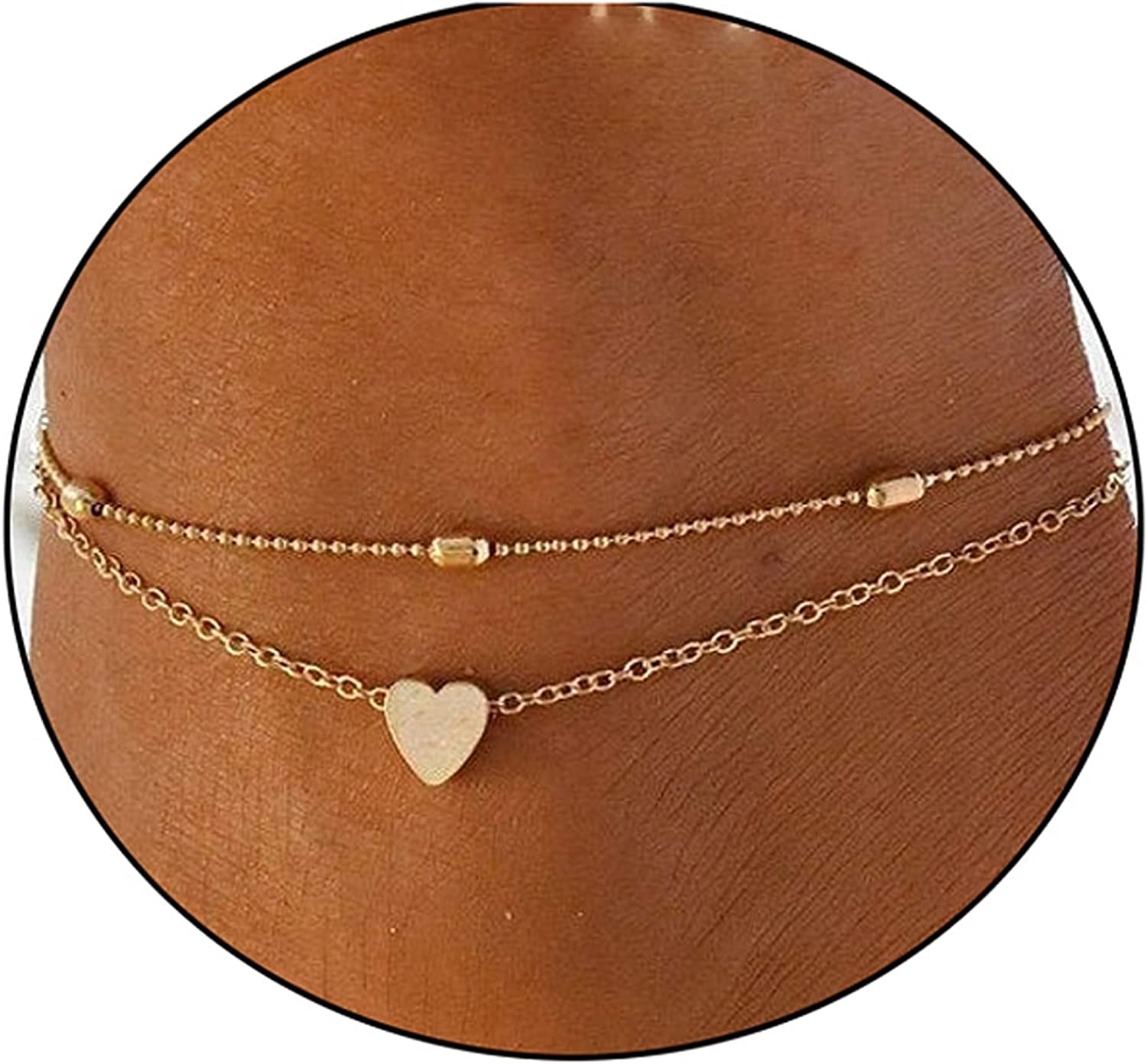 Pencros Dainty Layered Anklet,14K Gold Filled Cute Beads Satellite Chain Heart Boho Adjustable Anklets for Women Teen Girls