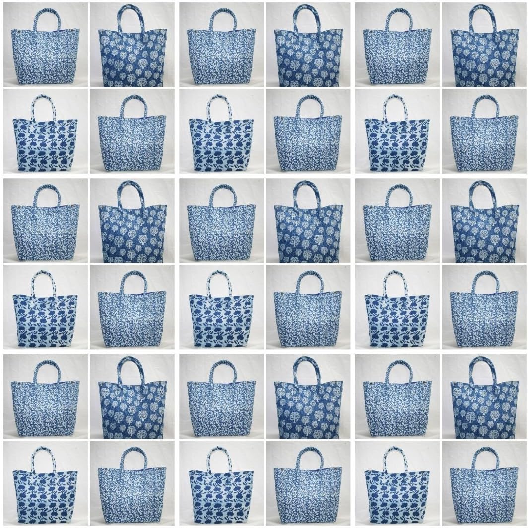 thehandicraftworld 100 PC Wholesale Lot New Hand Made Blue Block Print Hand Tote Bag Shoulder Bag Shopping Bag