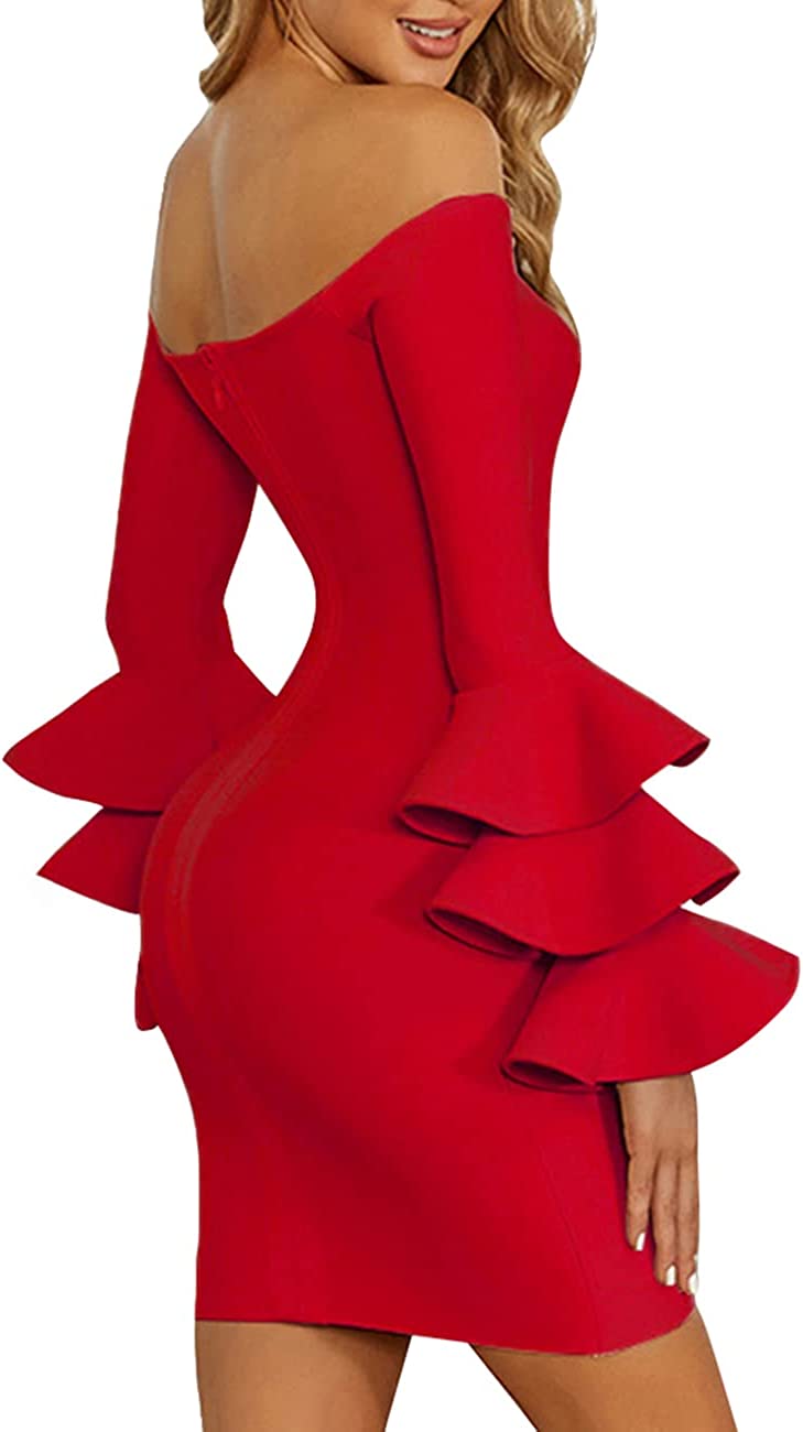 UONBOX Women's Off Shoulder Flared Long Sleeve Bodycon Dress Ruffle Party Club Bandage Dress