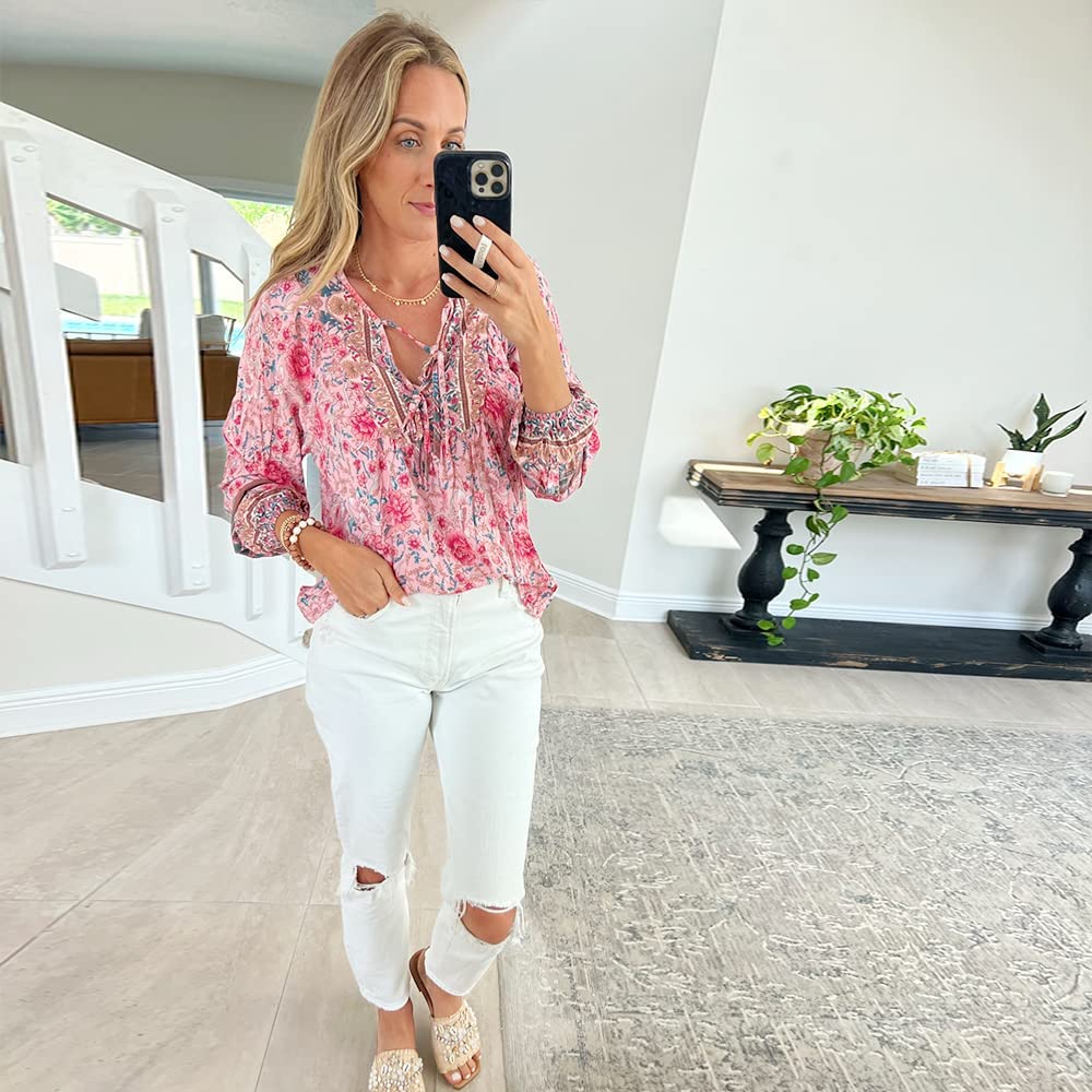 KAYWIDE Women's Casual Boho V Neck Top Loose Floral Printed Long Sleeve Beach Shirts Blouses