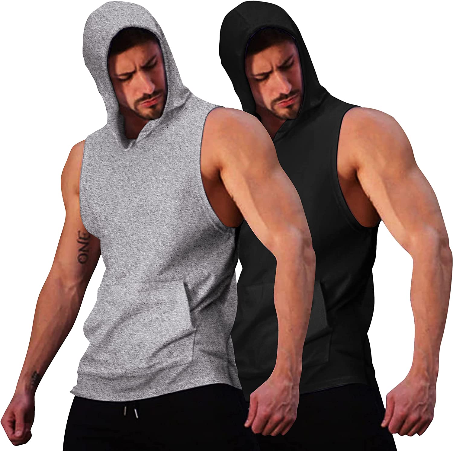 COOFANDY Men's 2 Pack Workout Hooded Tank Tops Bodybuilding Muscle Cut Off T Shirt Sleeveless Gym Hoodies