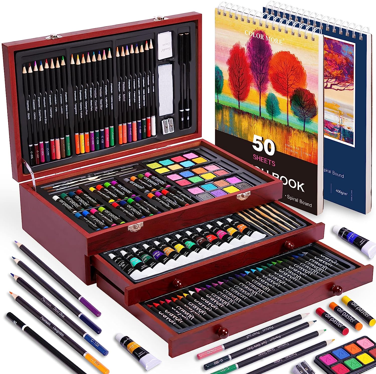 175 Piece Deluxe Art Set with 2 Drawing Pads, Acrylic Paints,Crayons,Colored Pencils,Paint Set in Wooden Case,Professional Art Kit,Art Supplies for Adults,Teens and Artist,Paint Supplies