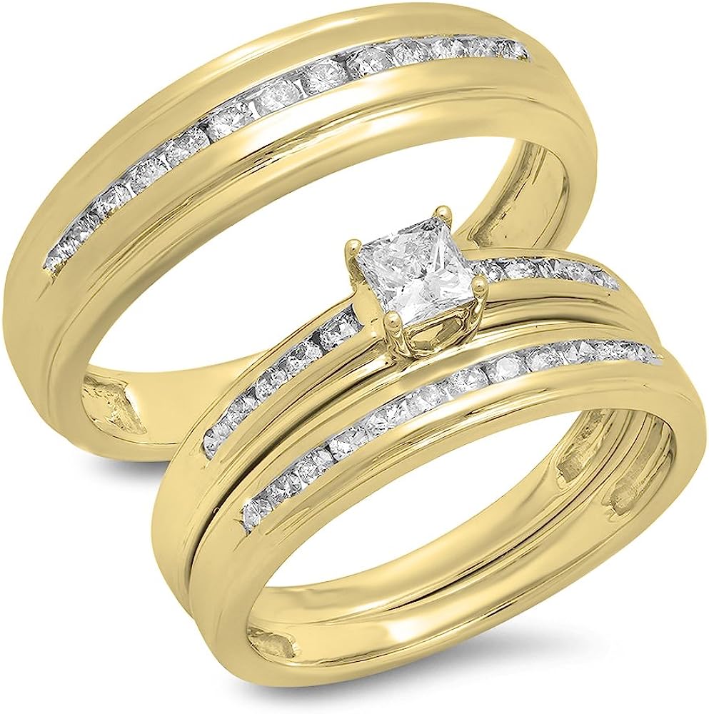 Dazzlingrock Collection Princess & Round White Diamond Square Frame Head Tapered Shank Elegant Wedding Trio Ring Set for Him & Her 7/8 CT (0.85 ctw, Color I-J, Clarity I2-I3) in 10K Gold